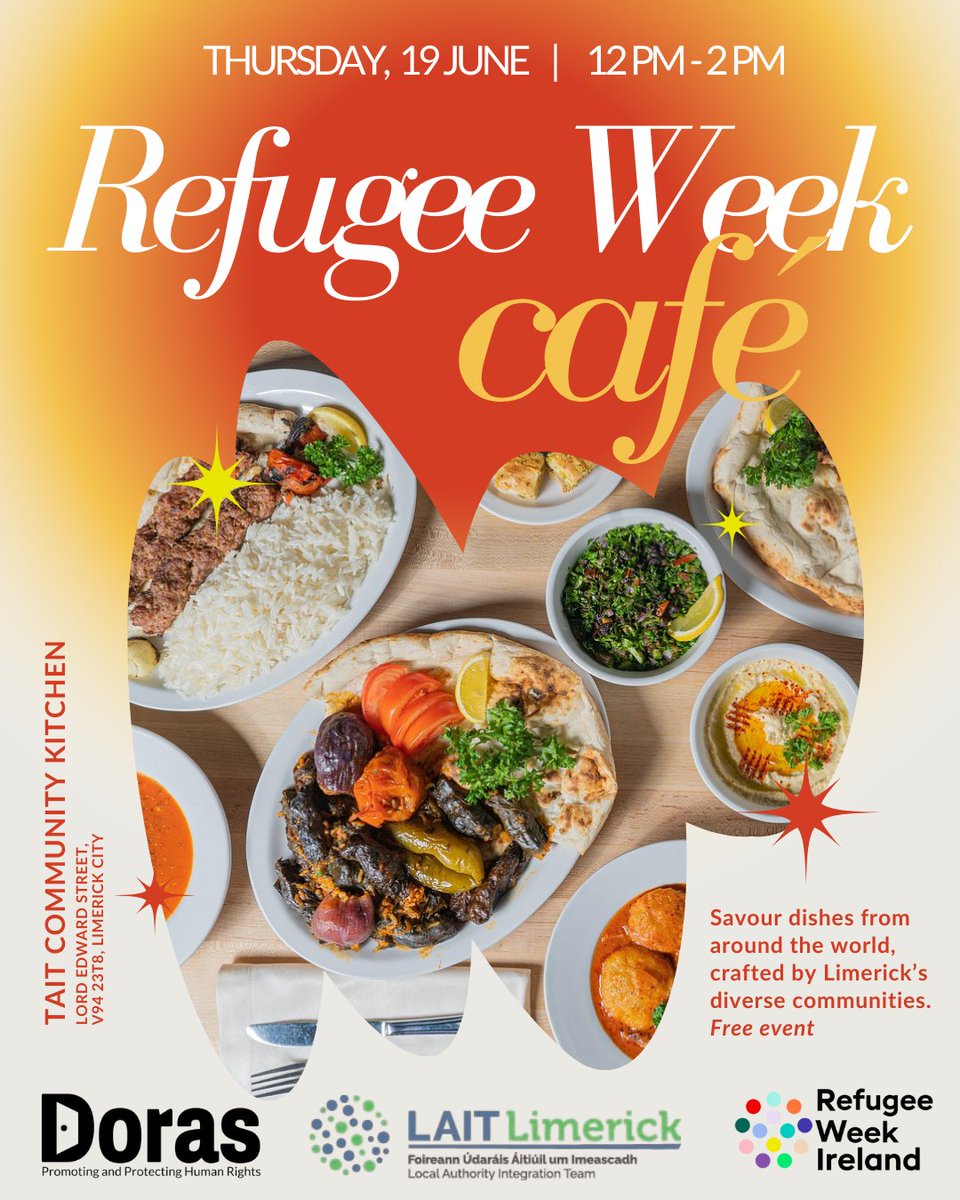 DorasIRL's tweet photo. 🌍Taste the world in Limerick!

Join us next Thursday 19 June, 12–2pm at Tait Community Kitchen for our Refugee Week Café.

Free global dishes by migrant &amp; refugee communities 🍲✨

🇧🇷🇵🇰🇺🇦🇮🇷🇲🇽🇳🇬 + more!

All welcome – free entry 💛

#RefugeeWeekIreland #LimerickEvents https://t.co/j98I2wPioq