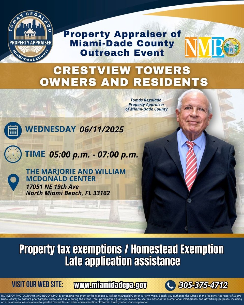 PAofMiami_Dade's tweet photo. 📍 We'll be in North Miami Beach this evening!
Our team will assist Crestview Towers residents with property tax exemptions and late applications.

💬 One-on-one help, right in your community.

🕔 5–7 PM
📍 17051 NE 19th Ave
🌐 https://t.co/F5c0t6NDzN | ☎️ (305) 375-4712 https://t.co/Dh8LnmrTdW