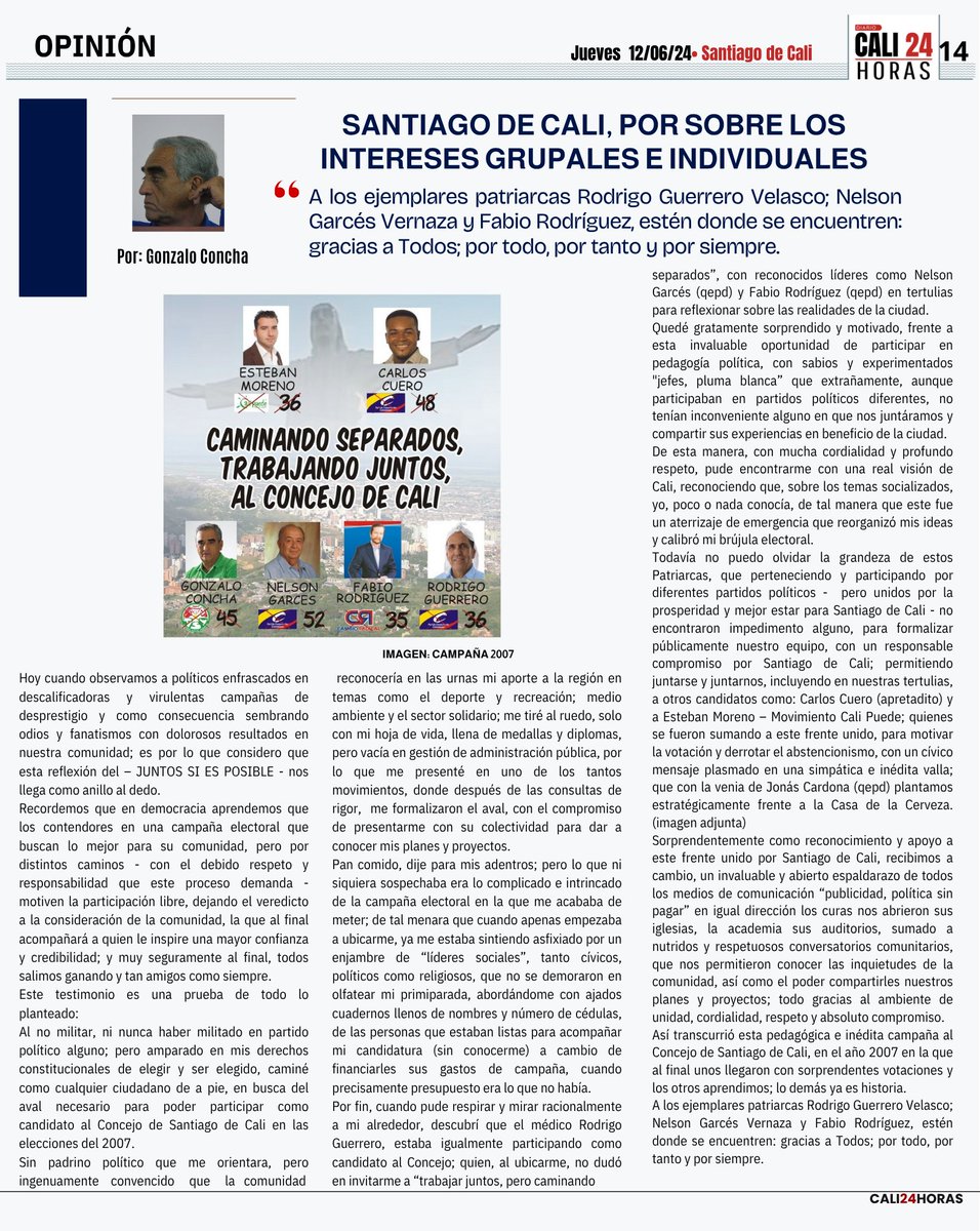 Cali24Horas's tweet photo. Lea la opinión de nuestro columnista Gonzalo Concha "CAMINANDO SEPARADOS, PERO TRABAJANDO JUNTOS POR SANTIAGO DE CALI" #Cali, #Democracia, #JuntosEsPosible, #ReflexiónPolítica, #SantiagoDeCali. https://t.co/ytQWEn8TxL