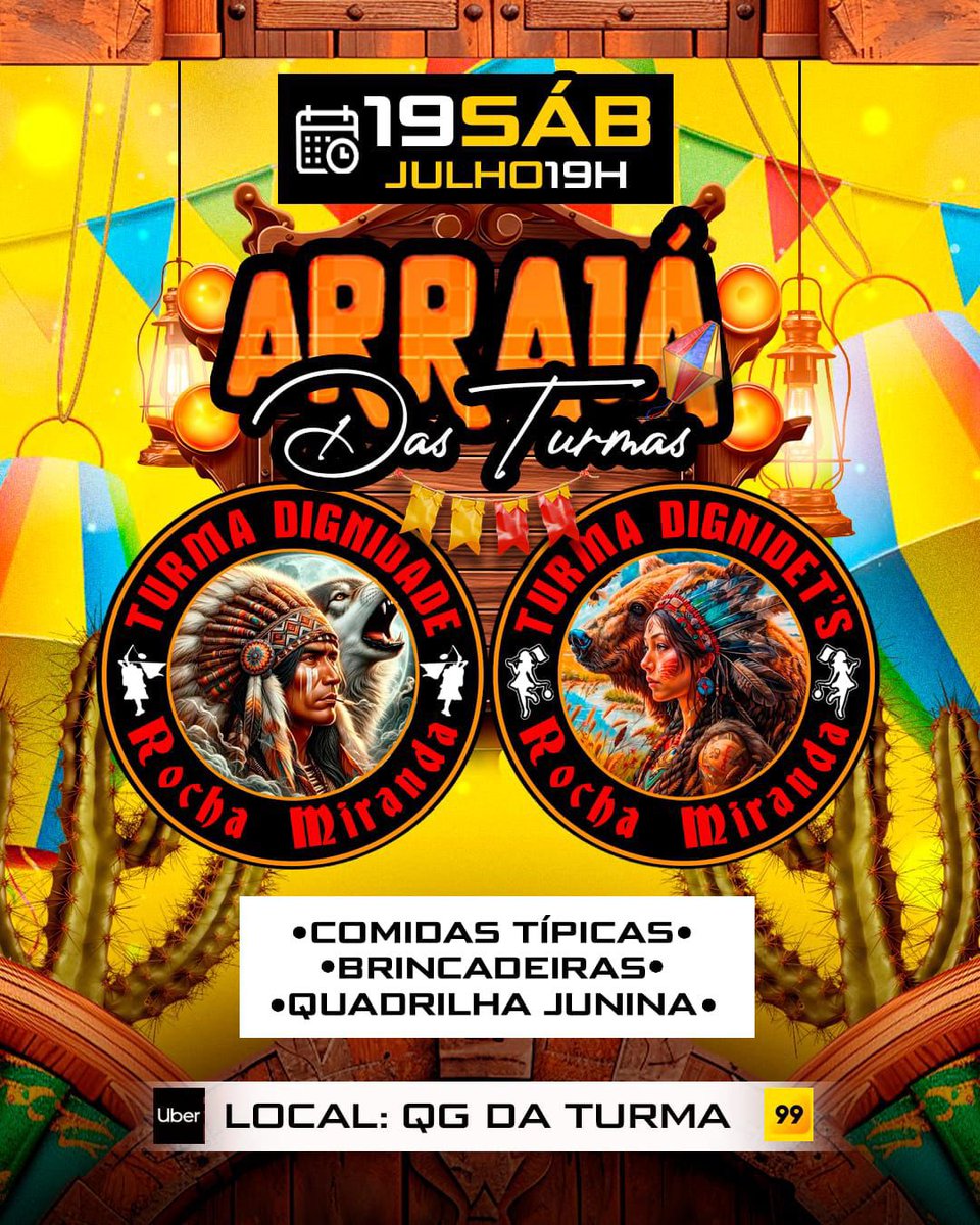 :::: ARRAIA DAS TURMA DIGNIDADE &amp; DIGNIDET’S ROCHA MIRANDA 🏹🦁🔥🏆

📅  19/07/2025
⏰️  19:00 
📍 RUA DOS RUBIS 289 / QG DA TURMA
