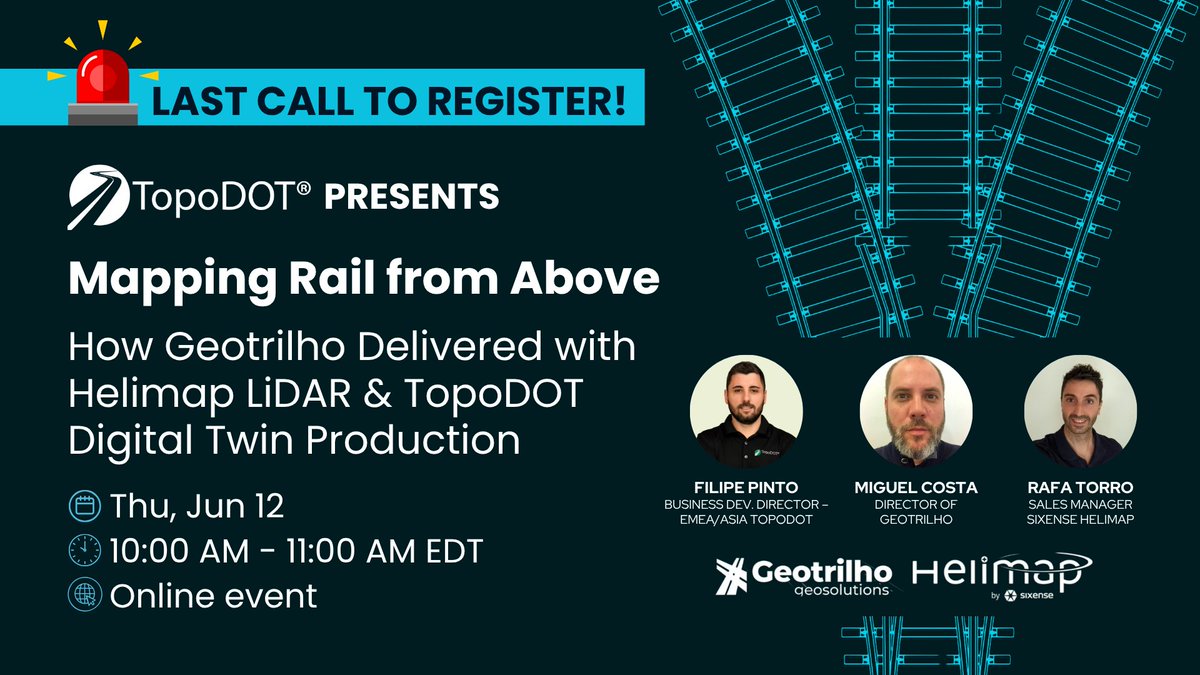 _TopoDOT's tweet photo. 🚨 Last Call! Our webinar, Mapping Rail from Above, starts tomorrow! 🚆 Learn how Geotrilho used Helimap + TopoDOT. Register now or catch it on YouTube!
https://t.co/duAmlfexNu
#AerialLiDAR #GeospatialTech #RailCorridors #MappingTechnology https://t.co/mi5Ulf6Jok