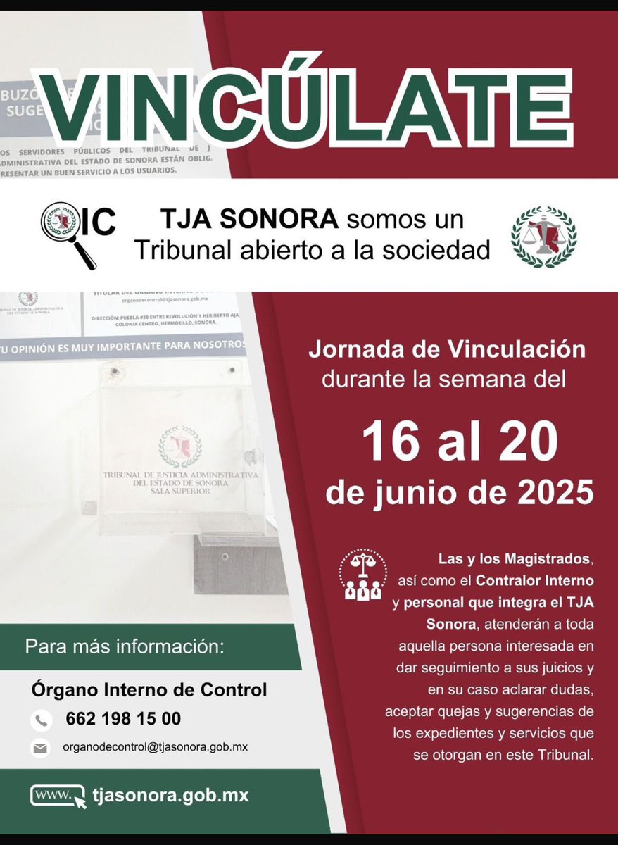 📢 ¡La justicia se construye contigo!
Durante la Jornada de Vinculación del #TJASonora, te invitamos a acercarte y participar.
📅 Del 16 al 20 de junio, visita nuestros espacios de atención:
Las y los Magistrados, el Órgano Interno de Control y el personal del Tribunal estaremos