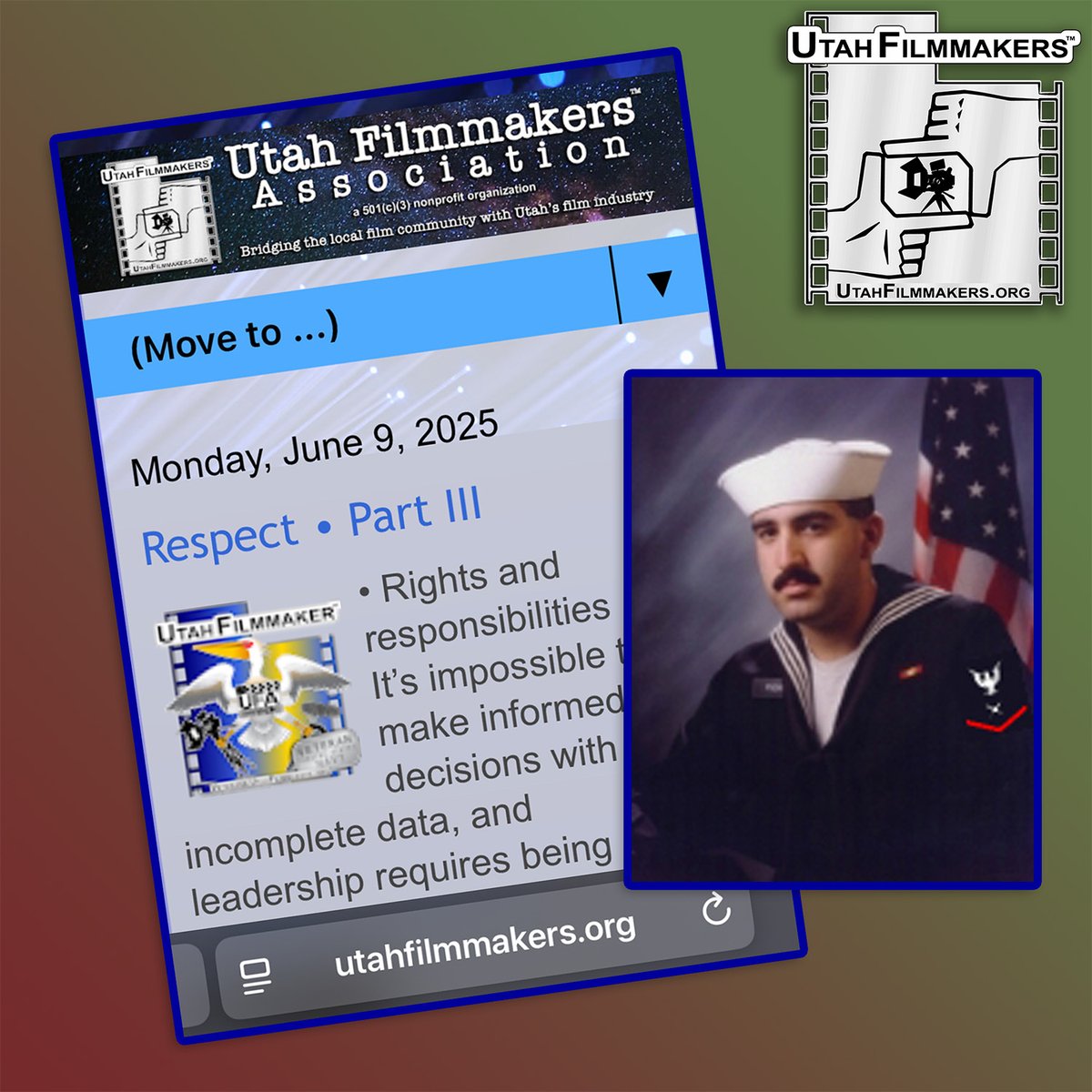 joepuente's tweet photo. Part III of our essay on Respect, one of the UFA™'s Core Values, along with Professionalism and Integrity. The author draws on their military experience and how it's helped them navigate working in the film industry. #utahfilmmakers #utahfilm #military #veteran #respect https://t.co/jbTN25qaP5