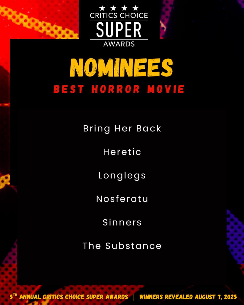 Congratulations to the nominees for BEST HORROR MOVIE! ⭐⭐⭐⭐
Winners of the 5th Annual Critics Choice SUPER AWARDS will be revealed on August 7th, 2025!
#CCSuperAwards #CriticsChoice