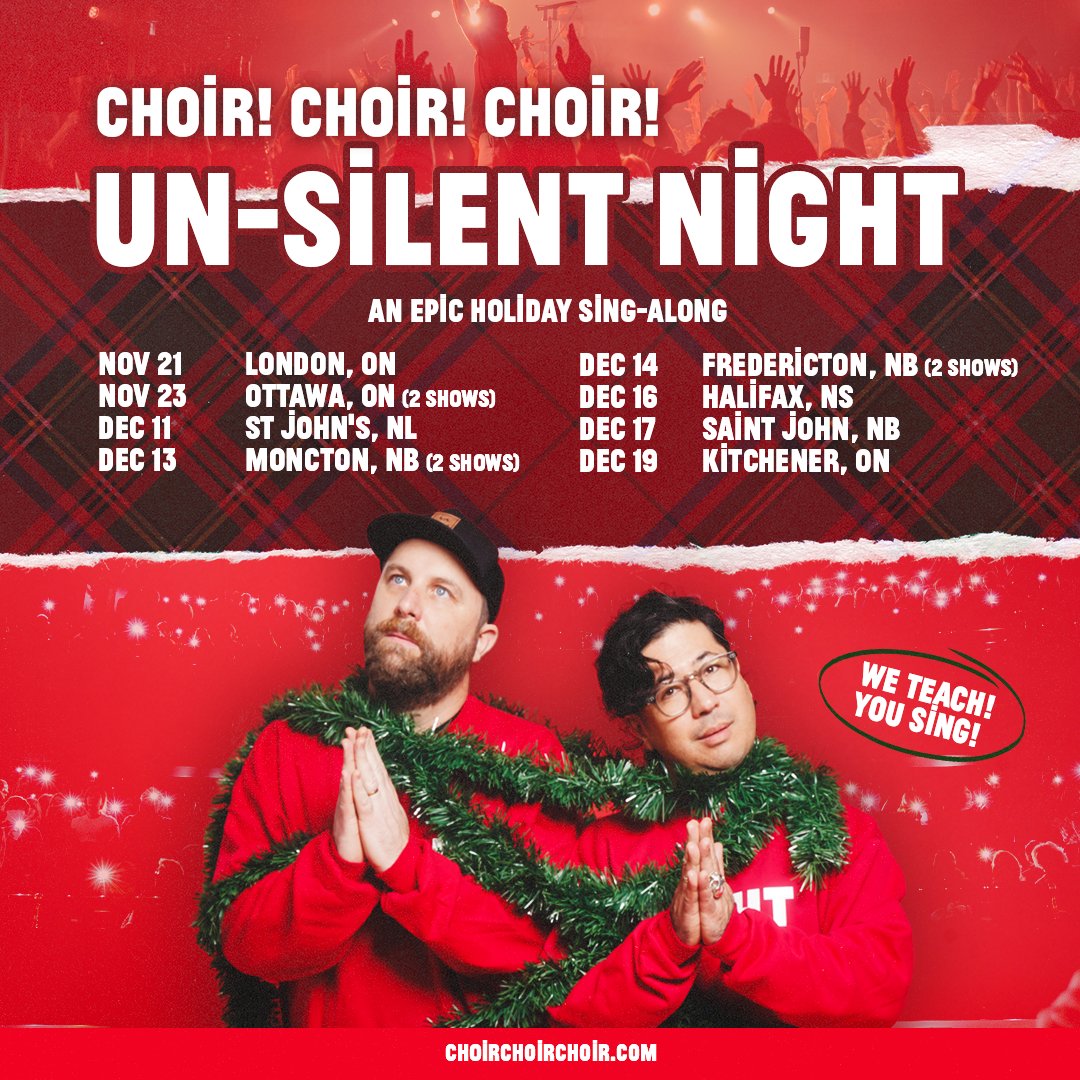 New shows added! Un-Silent Night is officially BACK! Tour dates across Canada are ON SALE NOW (except for Fredericton, on sale July 2!)

Grab your tickets now: choirchoirchoir.com/shows

#NeverStopSinging