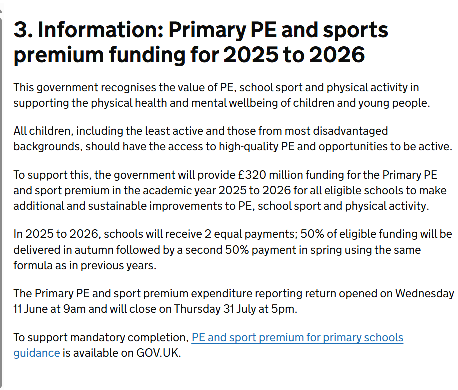 martin_radmore's tweet photo. Important Announcement
Primary PE and Sport Premium confirmed for 2025/26.
Now ensure that you use it wisely to build staff confidence, skills, competence to sustain high-quality PE for ALL
#pepremium #primarype #peteaching #pesubjectleaders https://t.co/fkXJ3HPNLo