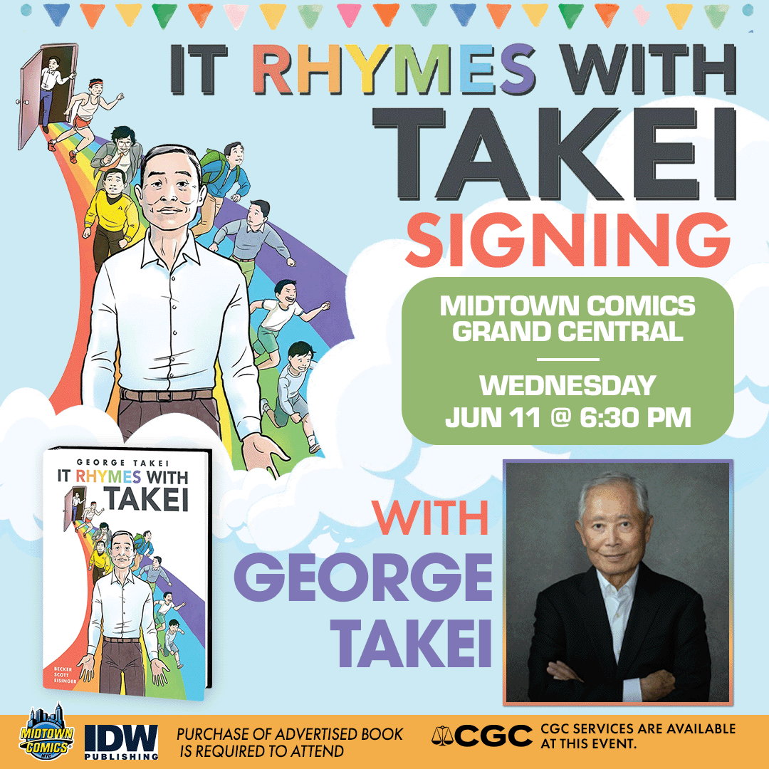 MidtownComics's tweet photo. 🌈TODAY: The legendary icon @GeorgeTakei is popping by for a signing at 📍Midtown Comics Grand Central!
🕐TODAY @ 6:30 pm
📚Signing IT RHYMES WITH TAKEI
RULES: https://t.co/wqMNeR5jdh
✨George will ONLY SIGN IT RHYMES WITH TAKEI
#pridemonth #loveislove #comicshop #comicsigning https://t.co/i8nTdFv8RH