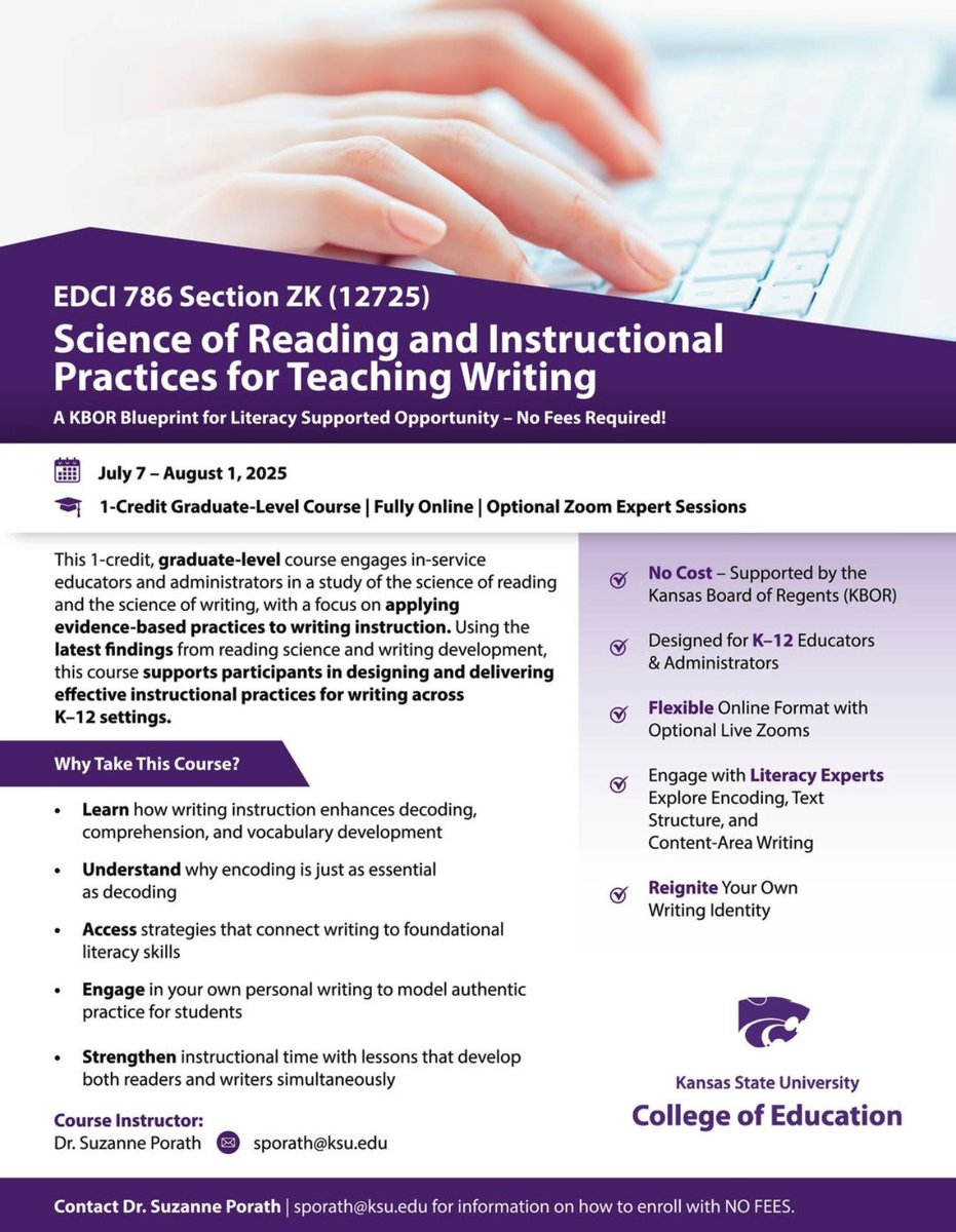 KSUCollegeofEd's tweet image. Elevate your teaching game! Join our 1-credit graduate course designed for educators focused on the science of reading &amp;amp; writing. Dive into evidence-based practices to transform your K-12 writing instruction! Ready to make a difference? 💡 #TeachingExcellence #WritingWisdom