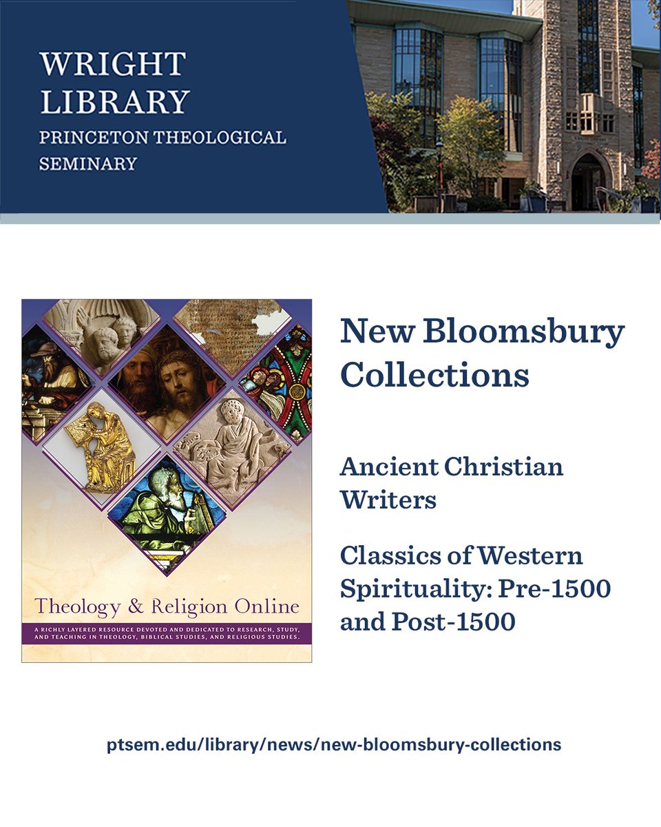Major works of the earliest Christian theologians, poems, songs, essays, theological treatises, meditations, mystical biographies, philosophical investigations, and primary &amp; secondary materials ptsem.edu/library/news/n… #new #WrightLibrary <a href="/ptseminary/">Princeton Seminary</a>