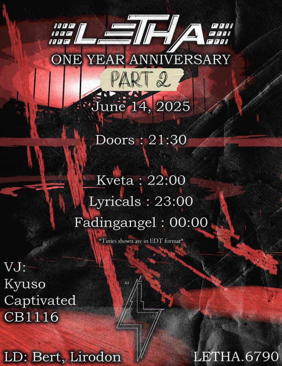 LethaVRClub's tweet image. / - / - / LETHA 1 YEAR ANNI \ - \ - \

(PART 2)

06/14/25

21:30 Doors

22:00 @KvetaURL 
23:00 @Lyricflame 
00:00 @fadingangelx

VJ:
@kyuso_vr 
Captivated
CB1116

LD:
@bert60hz 
@lirodon 

*Times shown are EST*

Group+
LETHA.6790