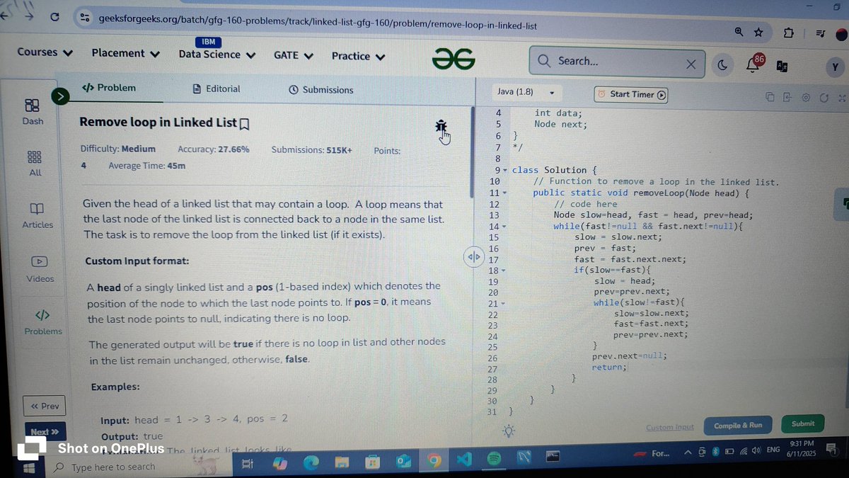 Yashpatil231's tweet photo. Day 73 of #CodingChallenge on @geeksforgeeks 
Let's keep moving forward ⏩.
Problem solved 👍 
#coding #gfg160 #geekstreak2025 

Problem 73: Remove loop in Linked List ✅ https://t.co/e9tPlhYxMa