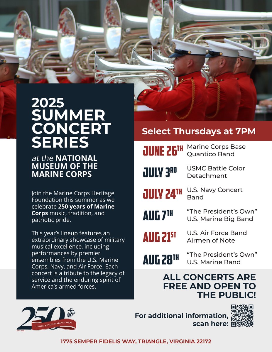 Summer Concerts

Grab your lawn chairs and the whole family for an evening of live music, community, and celebration at the Museum!

🎵 Free and open to the public — see the flyer for concert dates and details!

#USMC250 #USMCMuseum #Marines #LiveMusic #USMC