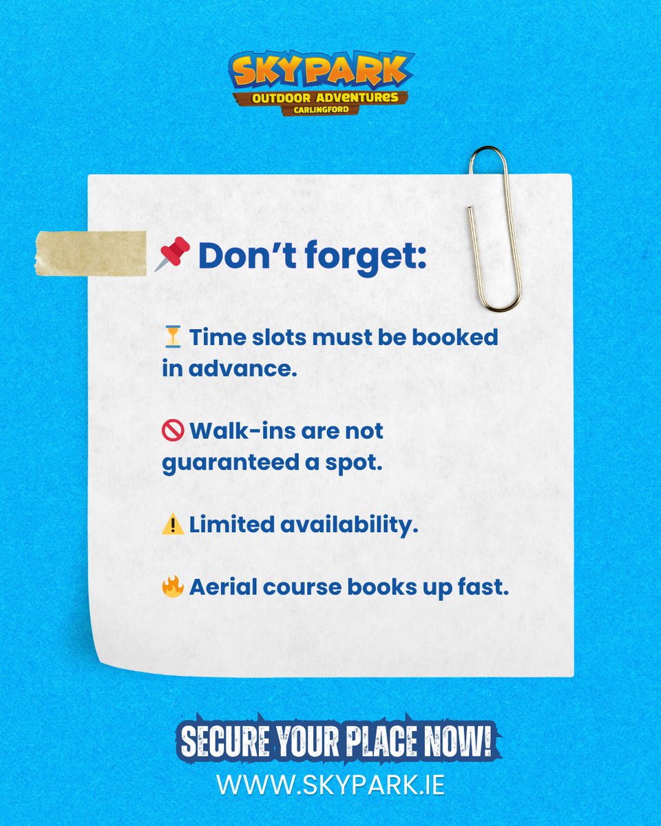 🎯 Ready to take on a real challenge? Conquer the heights, balance the ropes, and feel the thrill of the Skypark Aerial Adventure Course! 🧗‍♂️💥

📍 Skypark, Carlingford
🗓️ Open every weekend &amp; daily from June 27

🎟️ Book now at skypark.ie