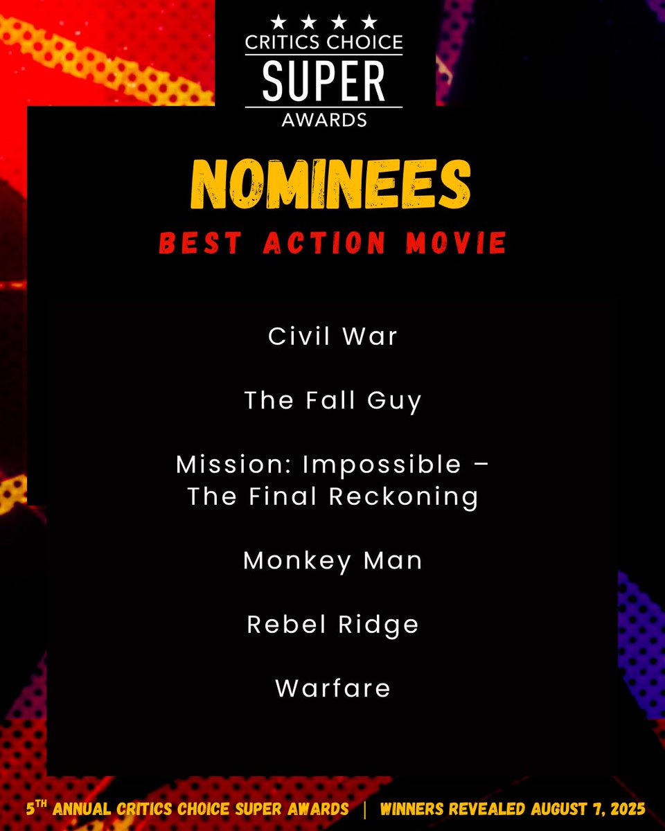 Congratulations to the nominees for BEST ACTION MOVIE! ⭐⭐⭐⭐
Winners of the 5th Annual Critics Choice SUPER AWARDS will be revealed on August 7th, 2025!
#CCSuperAwards #CriticsChoice