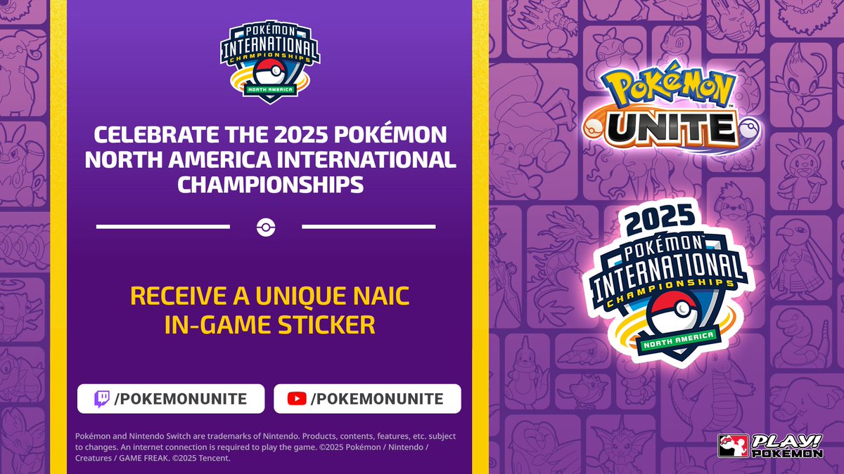 playpokemon's tweet photo. Tune in to the #PokemonNAIC broadcasts this June 13-15 to receive in-game distribution passwords for #PokemonVGC, #PokemonTCGL, and #PokemonUNITE! 🎁 https://t.co/40kEI09wtH