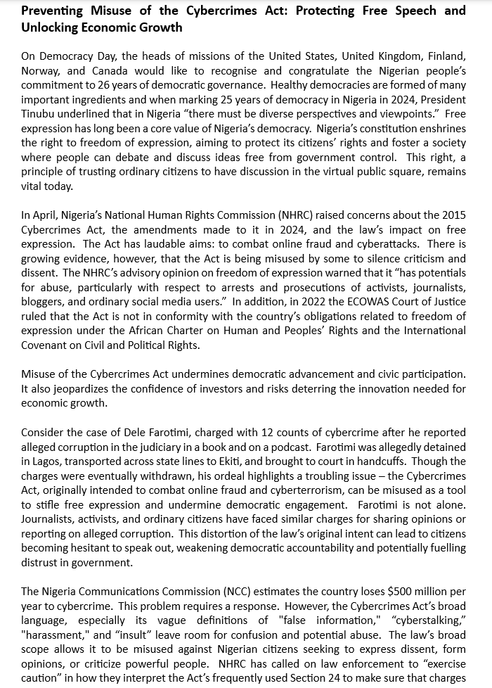 UKinNigeria's tweet photo. We would like to wish 🇳🇬 a happy Democracy Day.
Ensuring proper use of the Cybercrimes Act is important for protecting free expression and unlocking economic growth.

Read the joint Op-Ed signed by the heads of missions of the 🇬🇧, 🇨🇦, 🇫🇮, 🇳🇴 &amp; 🇺🇸, below. 

https://t.co/hOEj3c0JO8 https://t.co/SftKFyyCq8