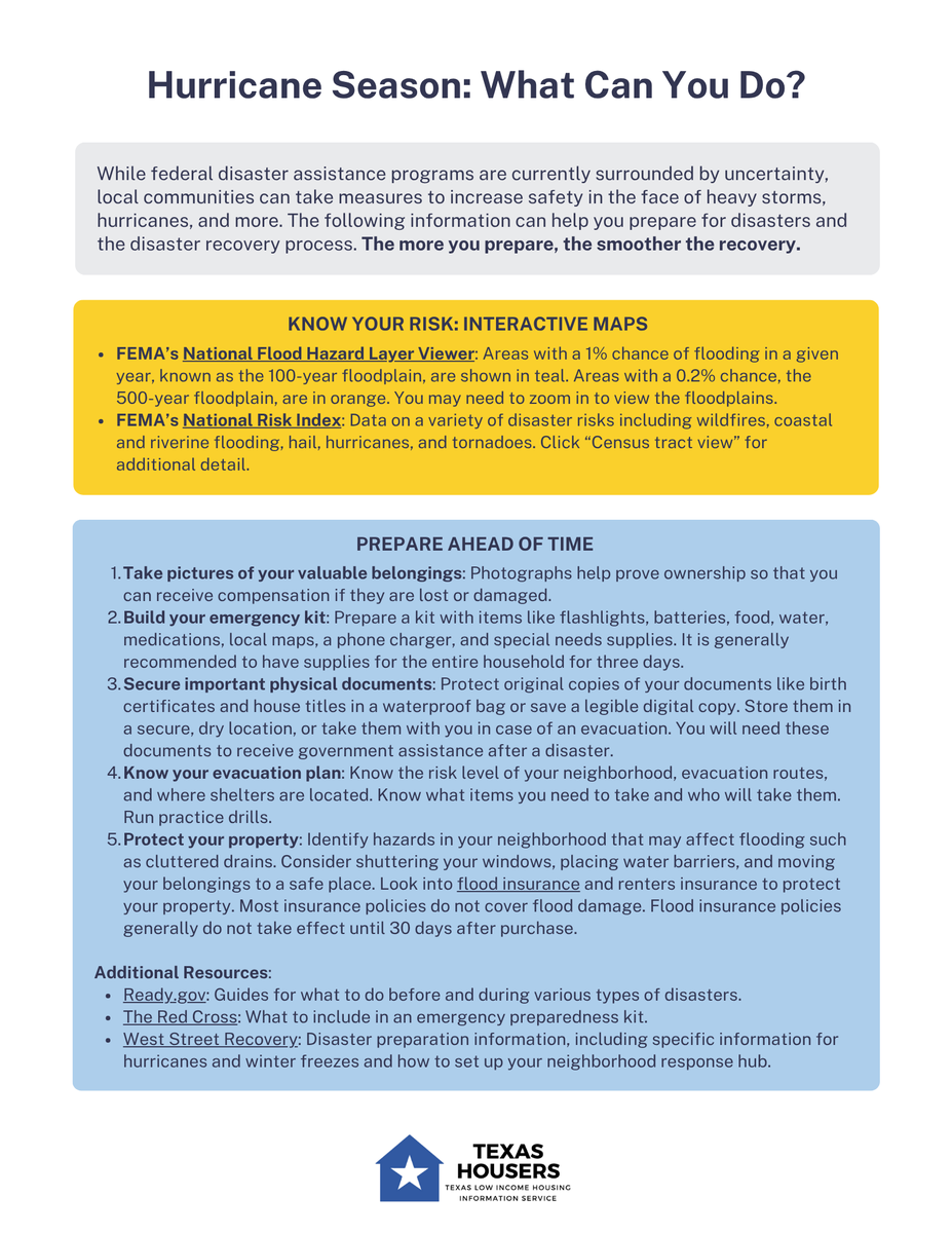 TexasHousers's tweet image. As hurricane season begins now through fall, we have already noted that resources may not be as available under current federal leadership.
However, you can use this Hurricane Handout to protect yourself, your community, and utilize what programs are still operational.
Share!