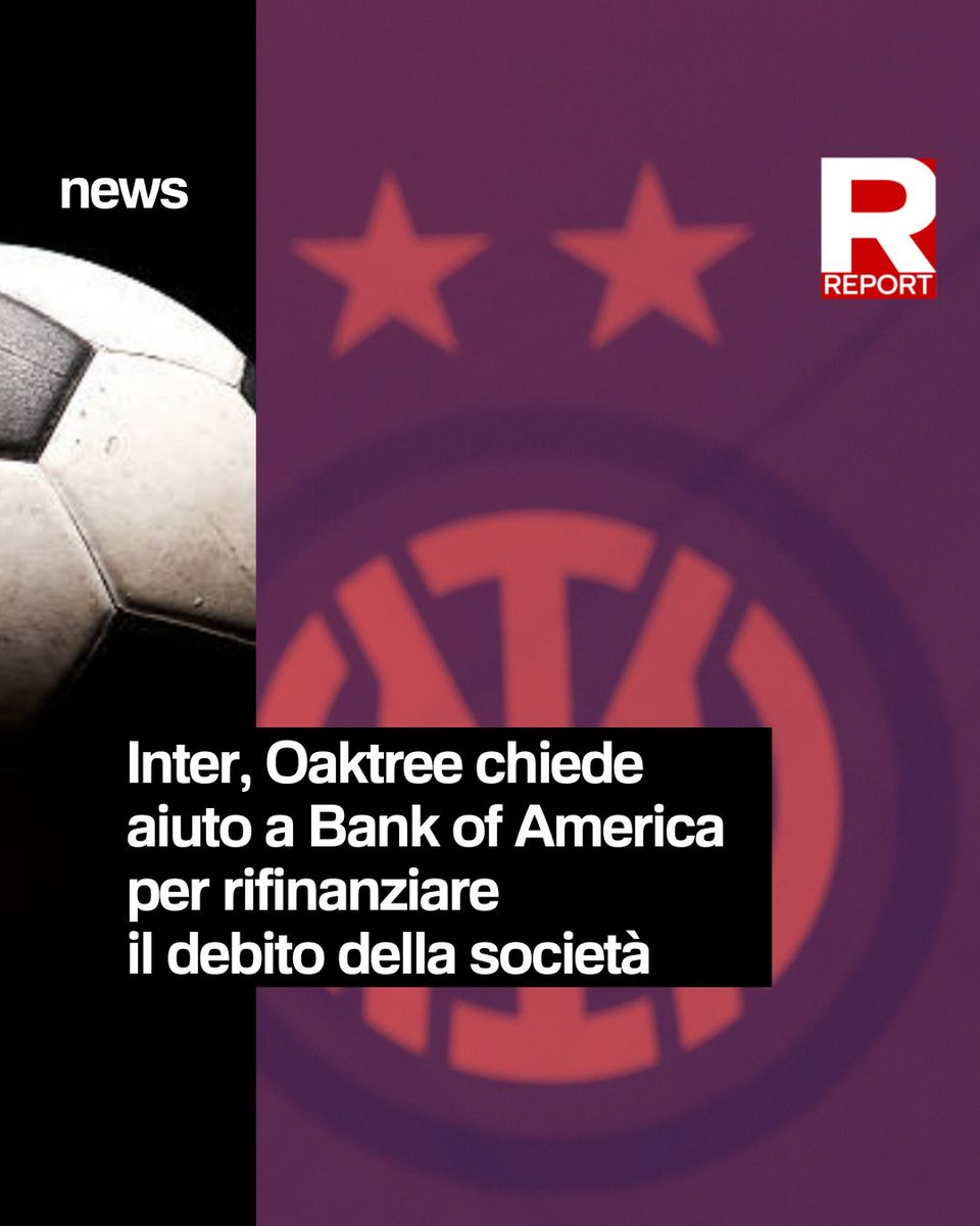 reportrai3's tweet photo. Inter, il fondo americano Oaktree chiede aiuto a Bank of America per rifinanziare il debito della società di 400 milioni di euro di bond che scadono nel 2027. Report si è occupato del filone finanziario del club nell'inchiesta "La resa dei conti" 👇
https://t.co/pPs4QRr1sN https://t.co/XC29UiCRjH