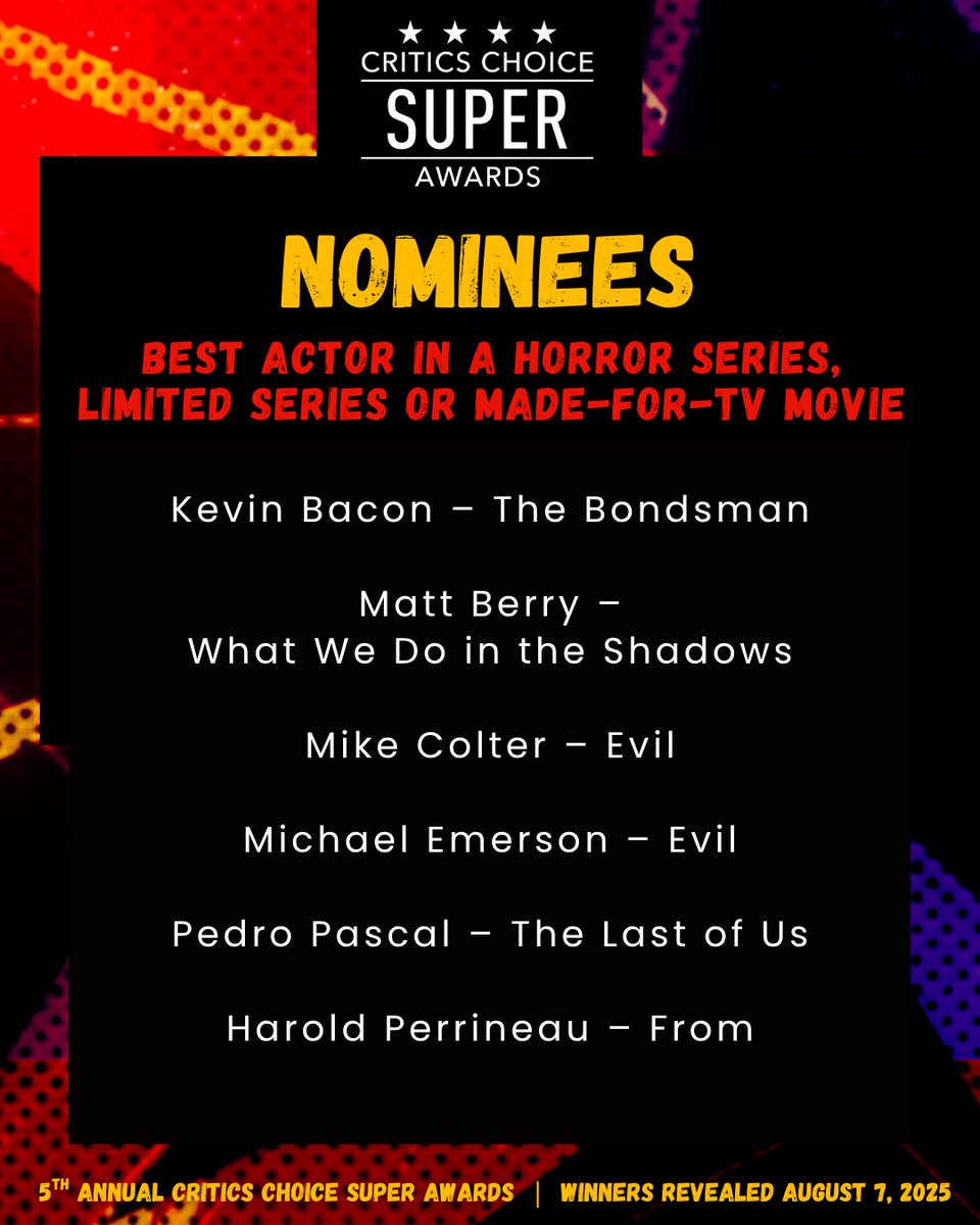 Critics Choice Awards (@criticschoice) on Twitter photo Congratulations to the nominees for BEST ACTOR IN HORROR SERIES, LIMITED SERIES OR MADE-FOR-TV MOVIE! ⭐⭐⭐⭐
Winners of the 5th Annual Critics Choice SUPER AWARDS will be revealed on August 7th, 2025!
#CCSuperAwards #CriticsChoice Congratulations to the nominees for BEST ACTOR IN HORROR SERIES, LIMITED SERIES OR MADE-FOR-TV MOVIE! ⭐⭐⭐⭐
Winners of the 5th Annual Critics Choice SUPER AWARDS will be revealed on August 7th, 2025!
#CCSuperAwards #CriticsChoice