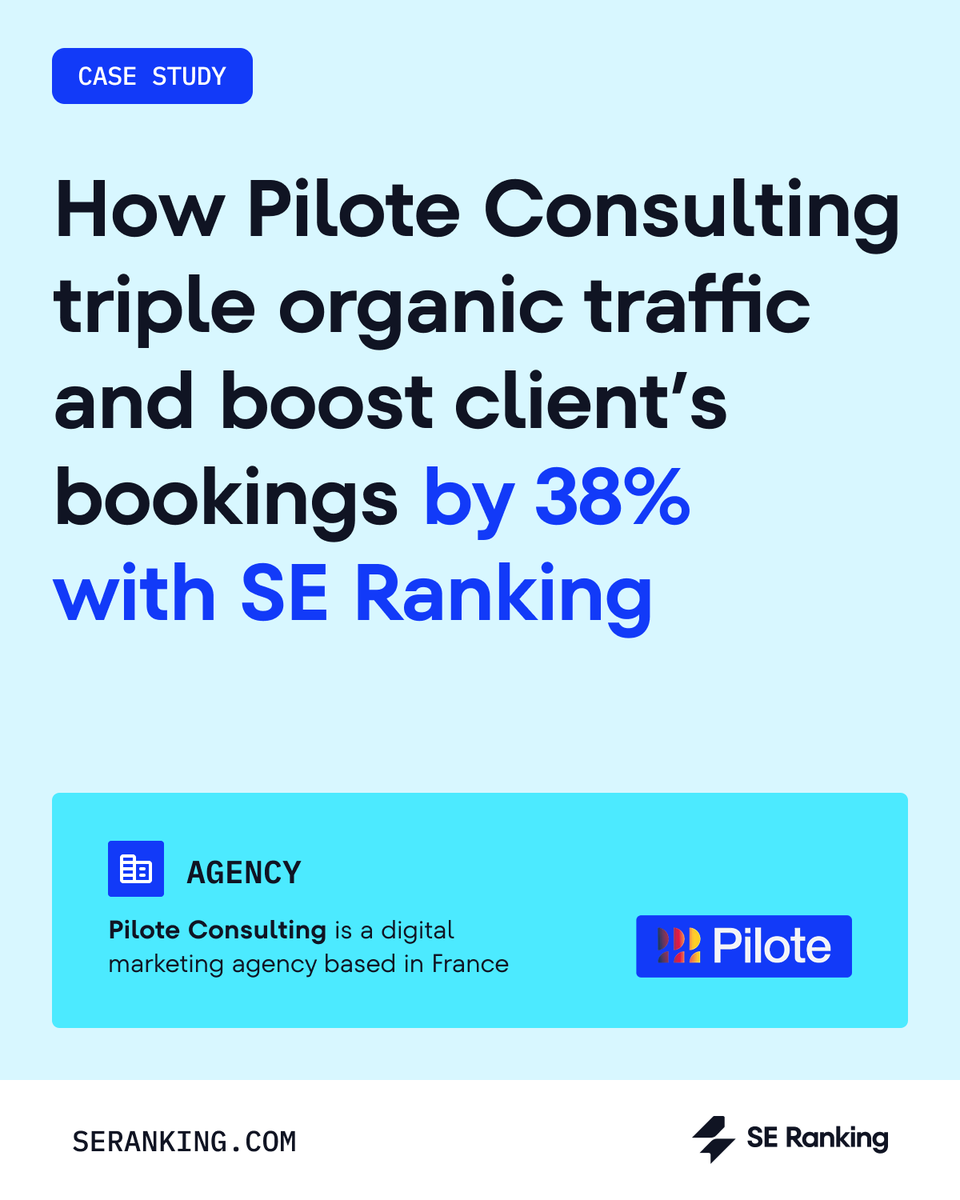 ⚡ Triple the traffic. 38% more bookings. 30% less ad spend. 

Discover how Pilote Consulting’s approach, backed by SE Ranking, helped an eco-hotel group shift from ad-heavy marketing to sustainable organic growth—with impressive results: cutt.ly/2rQe54PY