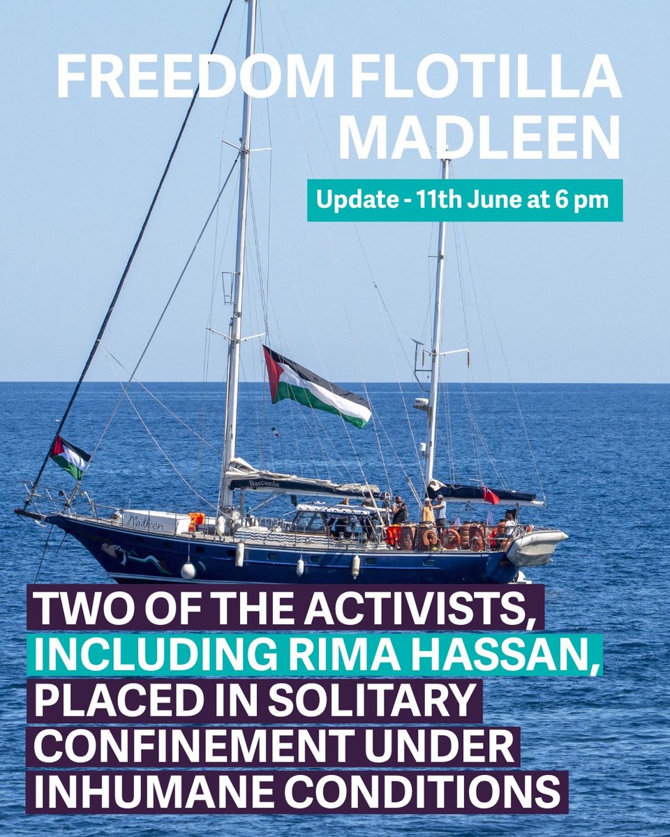 🔴#Update : Our fellow colleagues from <a href="/AdalahEnglish/">Adalah</a> - <a href="/fidh_en/">FIDH</a> member organisation - lawyers of 7 members of the humanitarian ship #Madleen (<a href="/GazaFFlotilla/">Freedom Flotilla Coalition</a>) have been able to visit the detained volunteers.

The Israeli authorities transferred two of the volunteers — the
