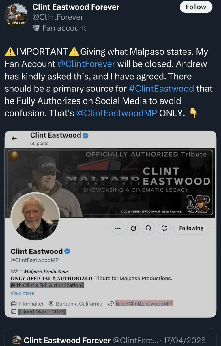 Chris (@gelnerd) on Twitter photo Just a warning for anyone still duped by this fraudster and his many accounts, <a href="/ClintEastwoodMP/">Clint Eastwood</a> is not a Malpaso approved / whatever social media site. They have three spin off accounts all who blocked me when I called them out.
Clint nor Malpaso is on X. Please avoid / block. Just a warning for anyone still duped by this fraudster and his many accounts, <a href="/ClintEastwoodMP/">Clint Eastwood</a> is not a Malpaso approved / whatever social media site. They have three spin off accounts all who blocked me when I called them out.
Clint nor Malpaso is on X. Please avoid / block.