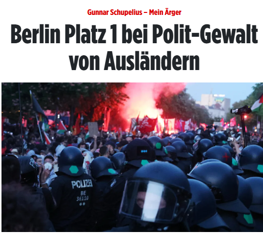 Taykra's tweet photo. Gunnar Schupelius: Aus dem Bericht des BfV für 2024 geht hervor, dass Berlin den Spitzenplatz unter allen 16 Bundesländern im Bereich der von Linksextremisten und Ausländern verübten politisch motivierten Gewalttaten einnimmt – sogar in absoluten Zahlen. https://t.co/eV7Qnobefd https://t.co/b1UyjnfqsS