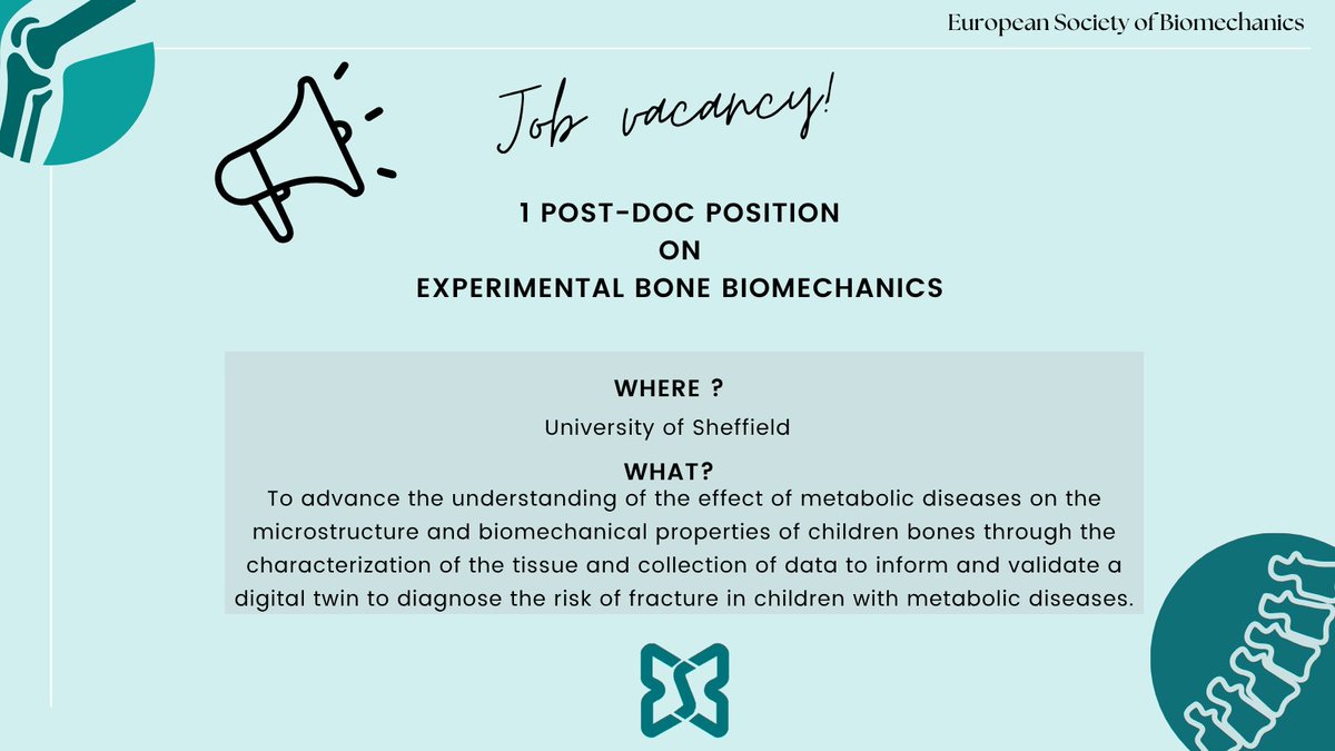 ESBiomech's tweet image. 📢 Two post-doc positions available at University of Sheffield on computational and experimental bone biomechanics! 

Don&apos;t miss this opportunity! 
More info and deadlines esbiomech.org/2-postdoc-posi…