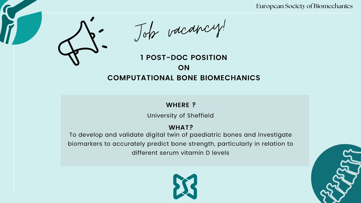 ESBiomech's tweet image. 📢 Two post-doc positions available at University of Sheffield on computational and experimental bone biomechanics! 

Don&apos;t miss this opportunity! 
More info and deadlines esbiomech.org/2-postdoc-posi…