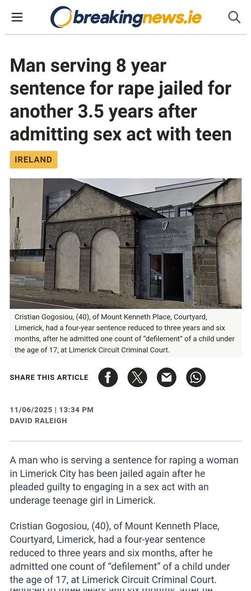 🇮🇪LIMERICK: Another Romanian man has been convicted of sex with an underage girl, this time in Limerick.

He had previously been jailed for raping a different Irish woman.

<a href="/TheFlareNews/">The Flare</a>
