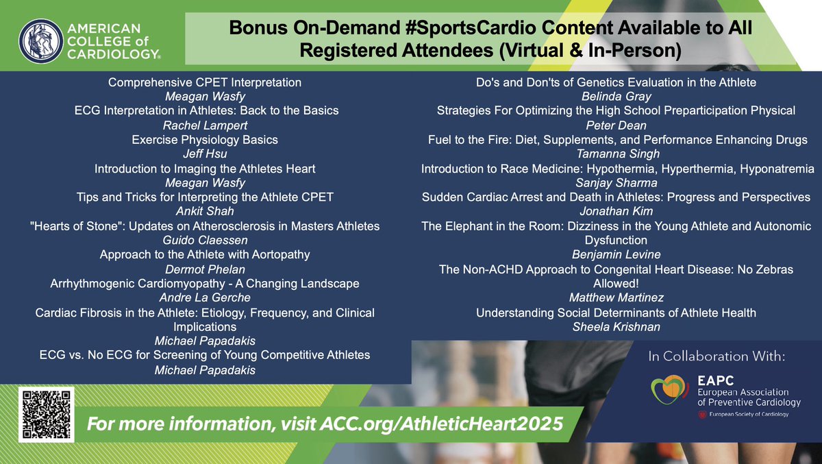 Only one day until #ACCAthleticHeart!

Available now to all virtual attendees:

⭐️ Featured recorded content from previous meetings (see list below)

Register now to access these high-yield #SportsCardio lectures &amp; engage with us over the next 3 days 

bit.ly/4b7g0JR