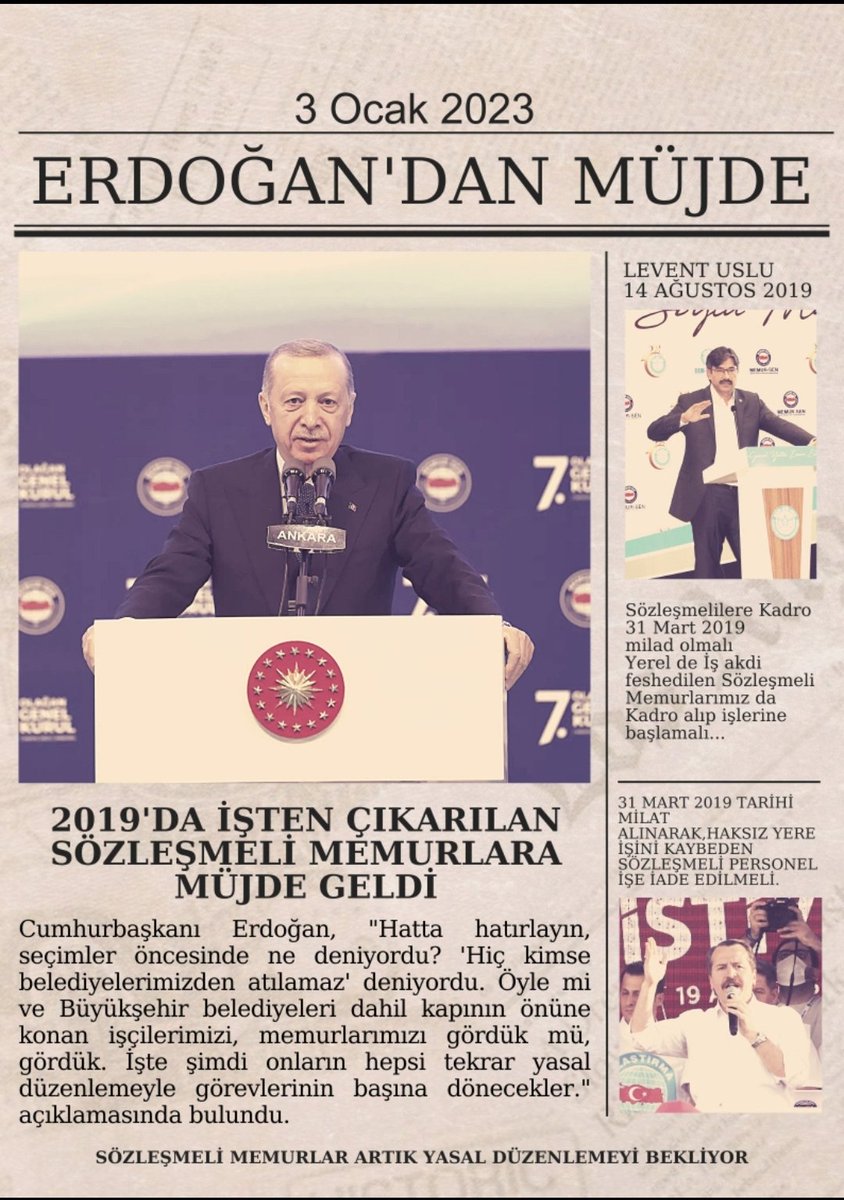 <a href="/isikhanvedat/">Prof. Dr. Vedat Işıkhan</a> <a href="/Leventusl/">🇹🇷Levent USLU</a> <a href="/Bem_Bir_Sen/">BEM-BİR-SEN</a> Sayın başkanım <a href="/Leventusl/">🇹🇷Levent USLU</a> 2019 yılı ve sonrasında belediyelerde mağdur edilen sözleşmeli memurlar sizden destek bekliyor. 3 Ocak 2023 tarihinde Sayın Cumhurbaşkanımız tarafından verilen işe iade sözünün gereğini arz ediyoruz. <a href="/RTErdogan/">Recep Tayyip Erdoğan</a>