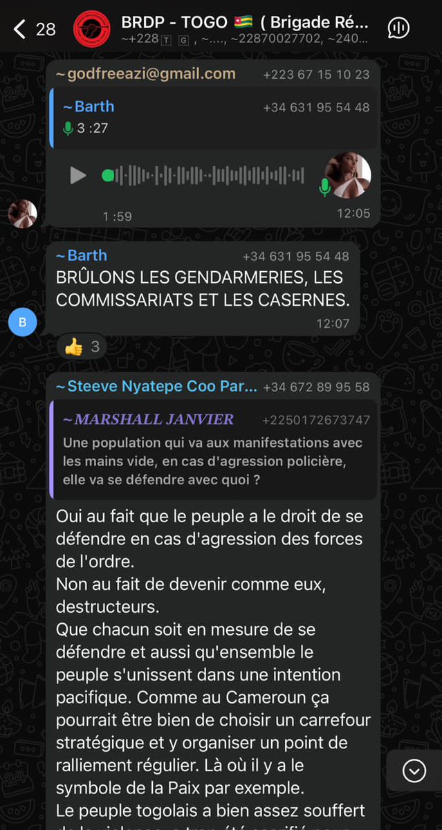 D_Gamedo's tweet photo. #Togo : Hier encore, je disais à l’un d'entre eux mon discernement #informationnel. Mieux avec un accès à des strates #classifiées me permettant d’intercepter leurs #manœuvres. Le Procureur de la #République l’a dit dans son #communiqué : ils ourdissaient un #assaut contre les #institutions et l’Etat sur #financement occulte et extérieur. Et voyez-vous, en attendant, ils se dévoilent eux-mêmes, #preuves à l’appui leur #projection morbide pour le 26 #juin prochain ! Jugez-en vous même : attaquer les #institutions, s'en prendre aux honnêtes #citoyens...jusqu’à reduire #commissariats et #casernes en brasiers. N'est-ce pas ce que vous tolérez ? L'#Etat ne le permettra pas. Pour les #besoins d'une clarification #judiciaire, je publierai très #prochainement la liste de tous ceux qui sont #identifiés de près ou de loin à de tels projets #macabres avec leurs numeros, les noms et les #adresses de ceux qui sont sur le #territoire.
#Togo
#Tgtwittos @afuane @AttinoG @JORDAN_AG30 @aliounetine16
@AlainAnifrani @Blaise_DOKOU @Baconib @CheickIbtidiani @presidencecstg @fct228 @dambe_kombate @LeGitan228 @ApeleteLaura @nathanielolymp @Visionnaire228 @Team228 @EchosCommunesTg @FarafinaW @togoprospere @serge_sympa @Nath_Yamb @EmmanuelleSodji @Ferdi_Ayi @LevillageoisTG @KoffiMensah7 @vieuxaidara @ASVITTO1 @AphtalC @Deirsa3979151 @SkyTG24 @RFIAfrique @sputnik_afrique @AESinfos @ZonePresse_ @EFFTOGO @denyigban @Farida_N @salmamara1 @USEmbassyLome @AmbRusBen @francediplo