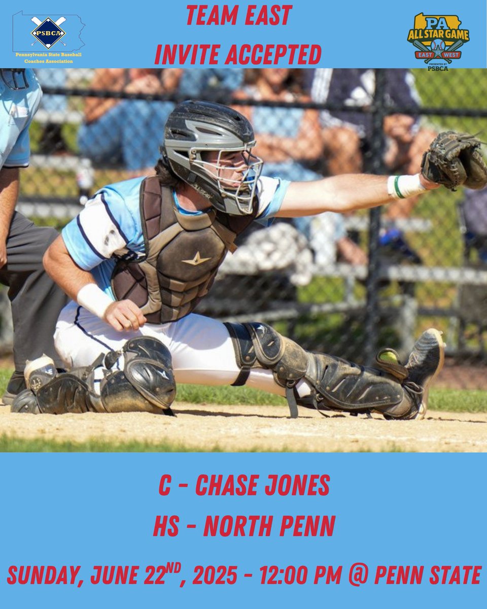 Pennsylvania State Baseball Coaches Association (@pabasecoaches) on Twitter photo INVITE ACCEPTED ✅
Introducing Chase Jones, a catcher from North Penn who will be playing for Team East in this year's East vs West game!
<a href="/chase_jones08/">Chase Jones</a>
<a href="/NPKnights/">NPKnightsBaseball</a> INVITE ACCEPTED ✅
Introducing Chase Jones, a catcher from North Penn who will be playing for Team East in this year's East vs West game!
<a href="/chase_jones08/">Chase Jones</a>
<a href="/NPKnights/">NPKnightsBaseball</a>