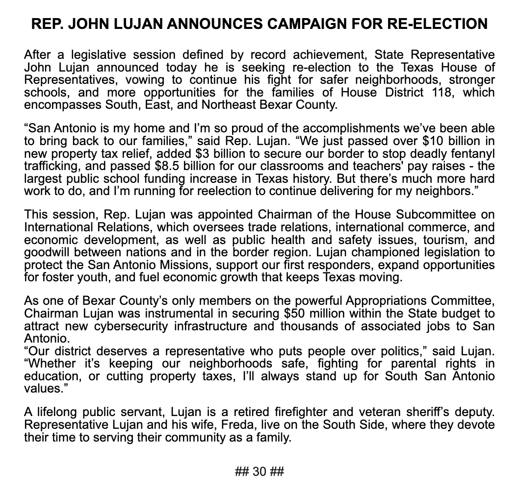 Jasper Scherer (@jaspscherer) on Twitter photo Depending on how the primaries shake out, looks like a rematch in #HD118, with Rep. <a href="/LujanForTX/">John Lujan</a> announcing for reelection the same day as his 2024 Dem opponent. One of the closest battleground #txlege districts in the state Depending on how the primaries shake out, looks like a rematch in #HD118, with Rep. <a href="/LujanForTX/">John Lujan</a> announcing for reelection the same day as his 2024 Dem opponent. One of the closest battleground #txlege districts in the state