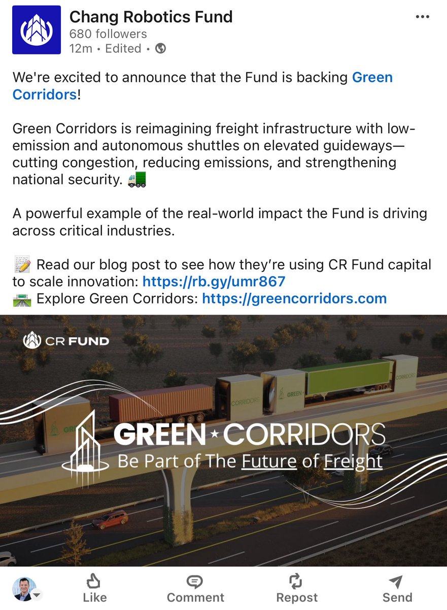 Capital being deployed!  Autonomously.

The third capital deployment of the Chang Robotics fund: Green Corridors.

With this company we are betting on the management team and the future, starting with CEO <a href="/_MitchCarlson/">Mitch Carlson</a>. 🧵