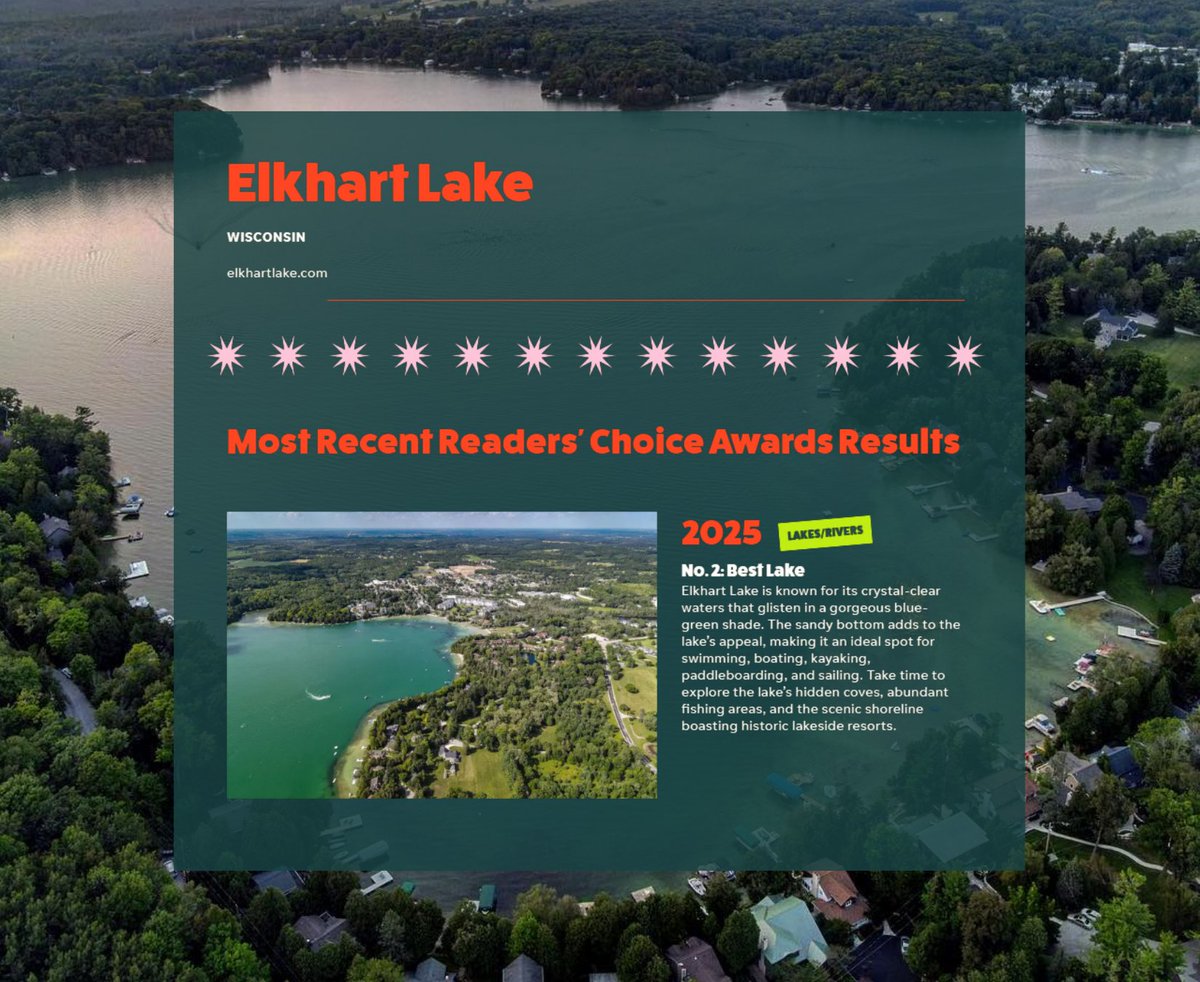 ElkhartLake's tweet image. The votes are in… Elkhart Lake ranks #2 in @USATODAY 10Best’s 2025 Readers’ Choice Awards for Best Lake! 💙

From our blue-green waters to small-town charm, we’re making waves nationwide.

See the full list 👉 10best.usatoday.com/awards/best-la… #ElkhartLake #10Best