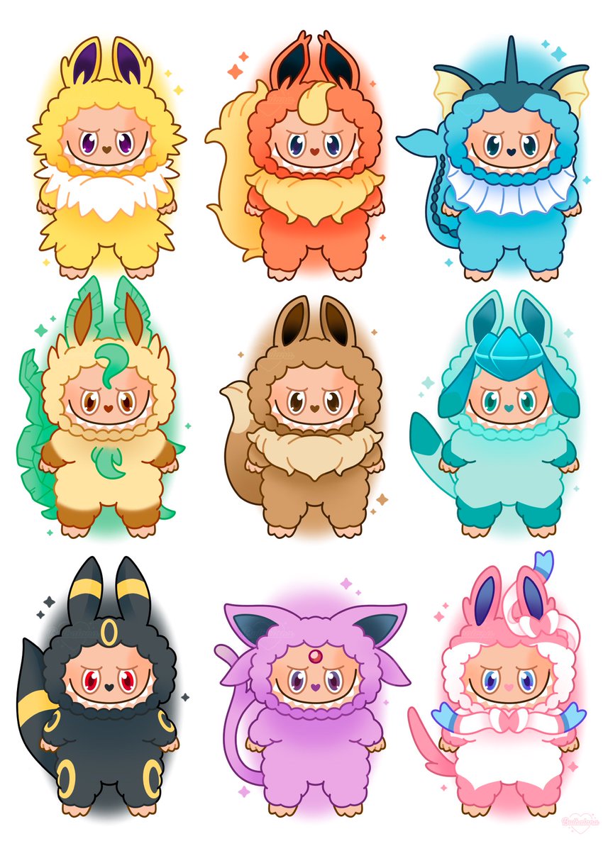 bulbalana's tweet photo. eeveelutions x labubus! https://t.co/0S8w1b3Ba2