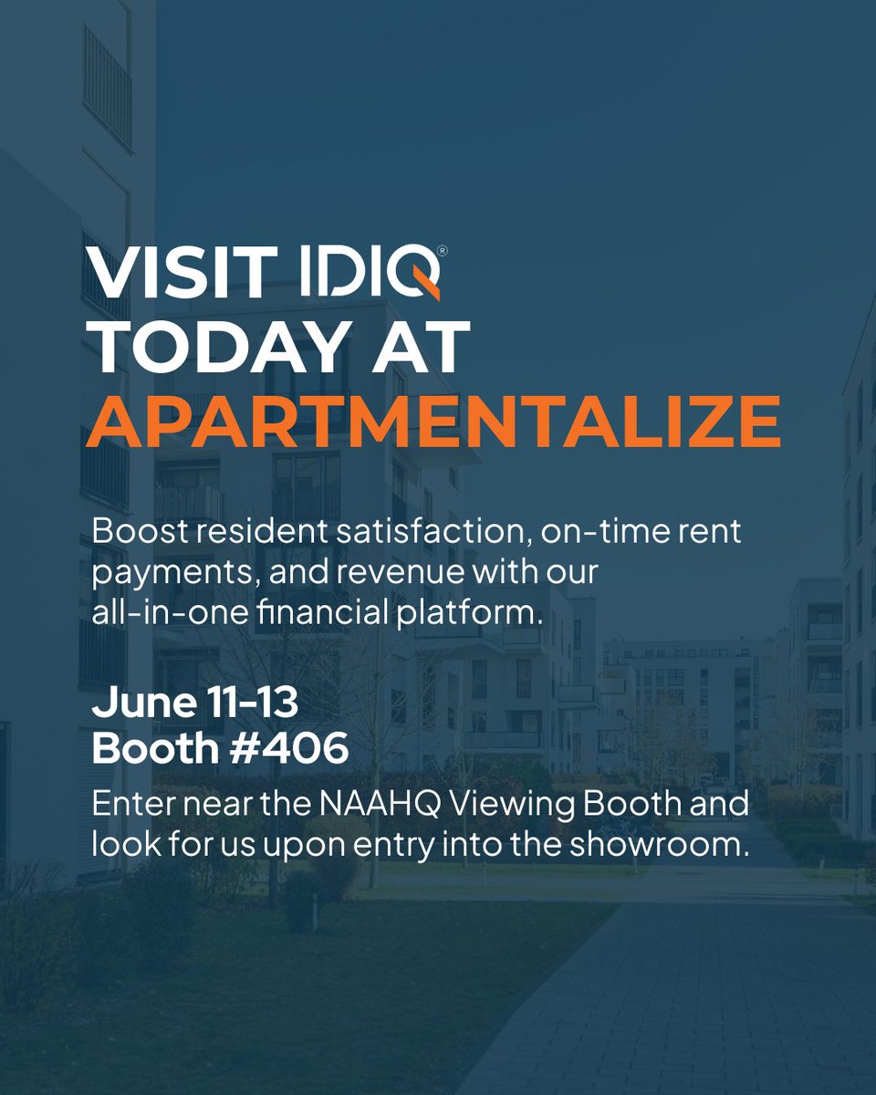 We’re here at #Apartmentalize2025 🏡

Stop by Booth #406 to learn how IdentityIQ's rent payment reporting can help your residents take control of their financial wellness while adding value to your property.

#IDIQ #IdentityIQ #MultiFamilyHousing