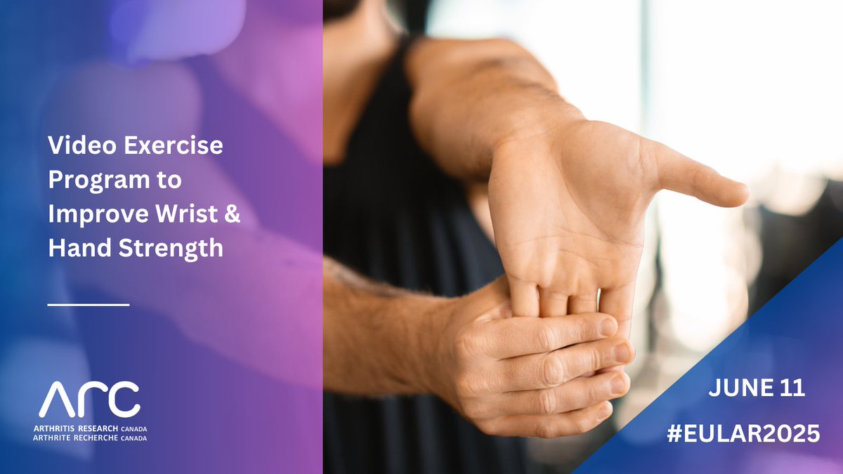 Arthritis Research Canada (@arthritis_arc) on Twitter photo Affiliate <a href="/Arthritis_ARC/">Arthritis Research Canada</a> scientist Denis Bayraktar tested a video-based hand exercise program for individuals with rheumatoid arthritis. The program improved movement, strength, and hand function while reducing pain. #ArthritisResearch #EULAR2025
đź”— ow.ly/gsSl50W7wju Affiliate <a href="/Arthritis_ARC/">Arthritis Research Canada</a> scientist Denis Bayraktar tested a video-based hand exercise program for individuals with rheumatoid arthritis. The program improved movement, strength, and hand function while reducing pain. #ArthritisResearch #EULAR2025
đź”— ow.ly/gsSl50W7wju
