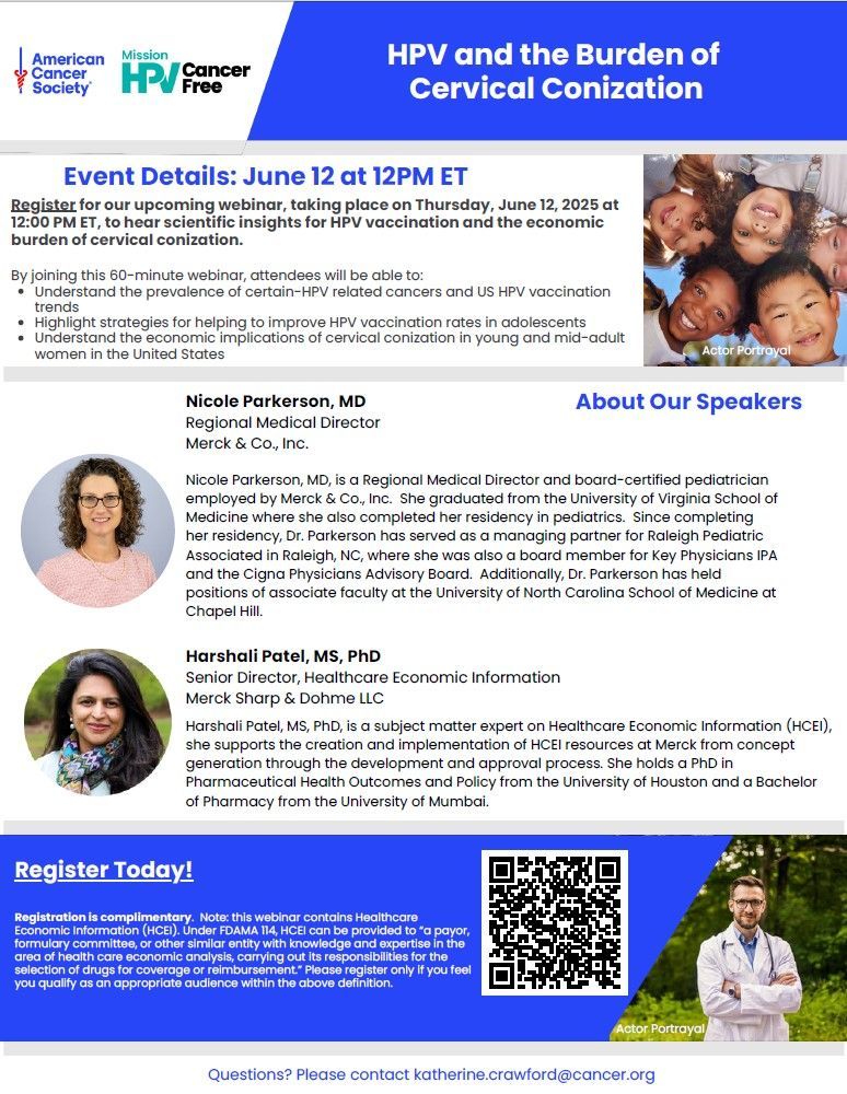 Join ACS tomorrow for the HPV and the Burden of Cervical Conization webinar, which will highlight strategies to improve HPV vaccination rates in adolescents and explore the economic implications of cervical conization in adult women in the U.S. buff.ly/YFx42ns