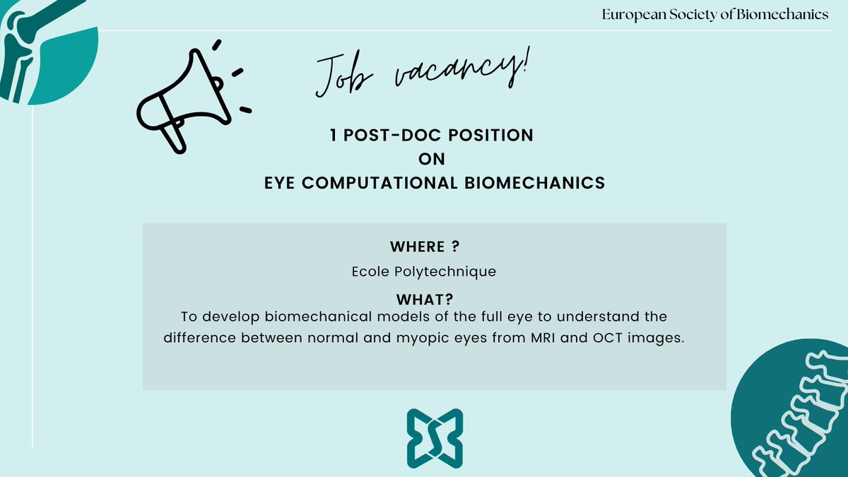 ESBiomech's tweet image. 📢Post-doc position open at Ecole Polytechnique on eye computational biomechanics!

More info and deadlines esbiomech.org/postdoc-positi…