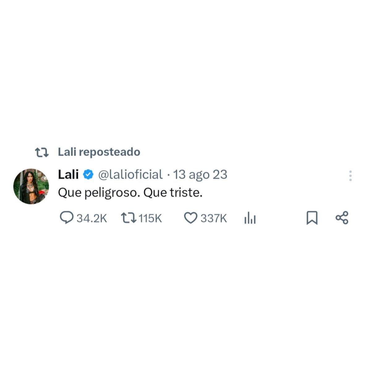 “Que peligroso. Que triste.”

— Lali repostea su propio tweet de hace dos años atrás.