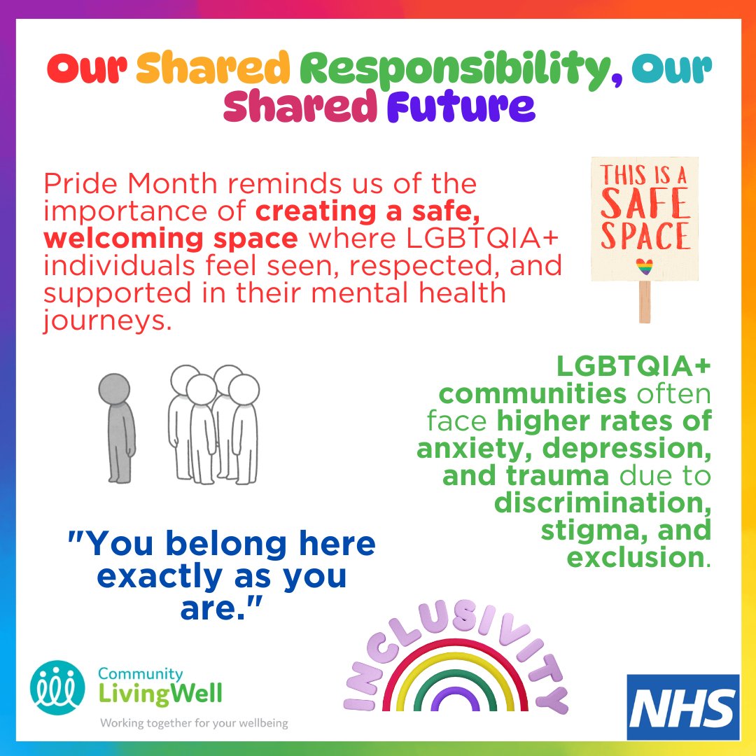 🌈 June is Pride Month 🌈
Pride is a time to celebrate the LGBTQ+ community and to recognise the mental health challenges many still face due to stigma and discrimination.
🤝 You deserve to be heard, respected, and cared for.
#PrideMonth #LGBTQ #MentalHealth #YouAreNotAlone