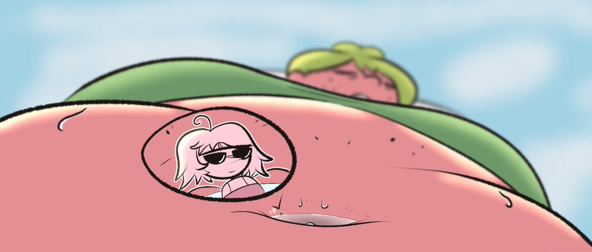 A day off is a precious luxury for Sherry &amp; her massive Assistant Manager Gretchen. When summer rolls around, Gretchen's big, soft belly makes the perfect pool for the speck-sized Sherry!

Another old Sherry &amp; Gretchen sketch from <a href="/FatBr0cc0li/">Cl0wn_meat</a> that I lined &amp; colored.
#sizetwitter