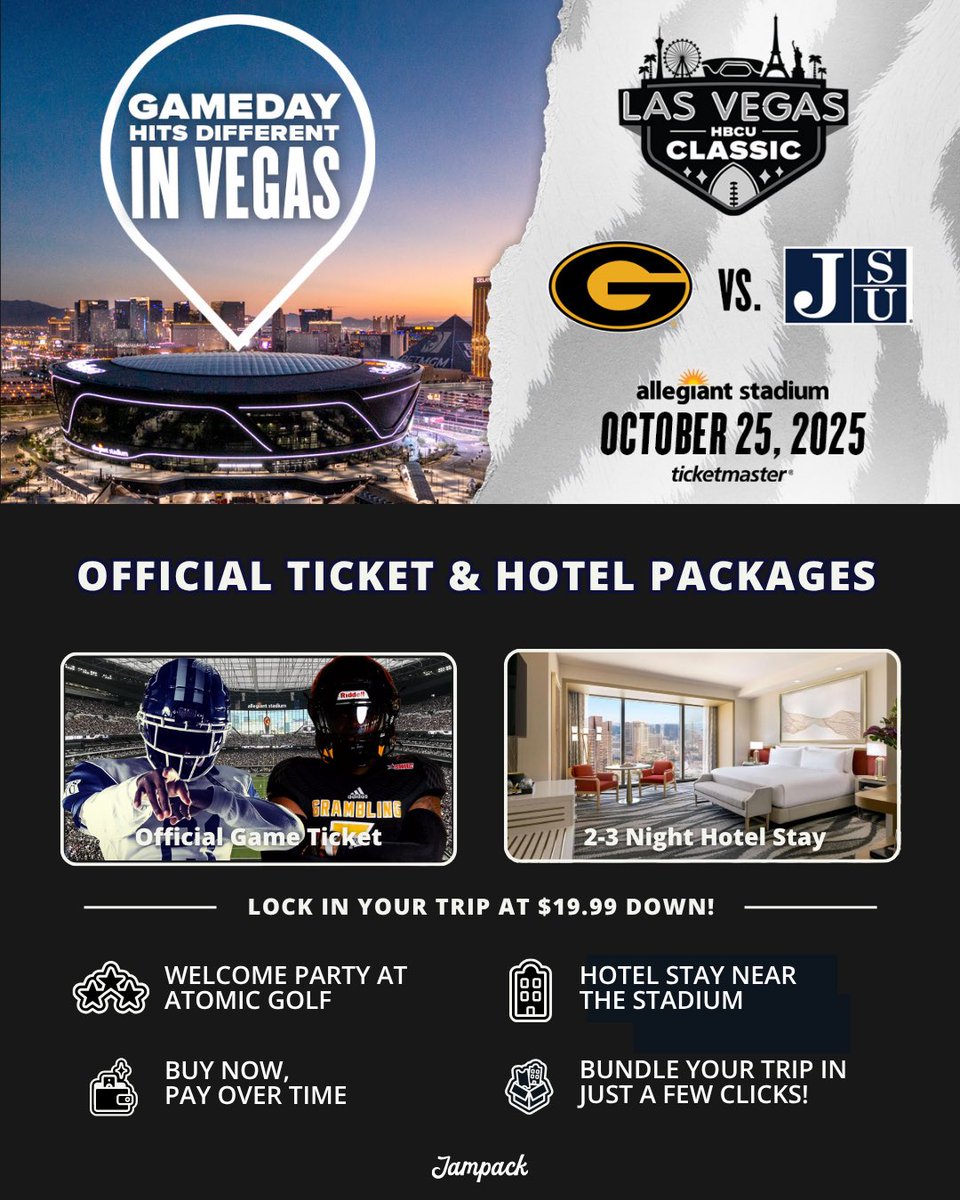 jampack_it's tweet photo. Grambling State University will take on Jackson State University in the inaugural Las Vegas HBCU Classic at Allegiant Stadium on October 25, 202

TRAVEL PACKAGES ARE ON SALE NOW
All packages start at $19.99 down (fees apply)

#jampack #hbcuclassic #allegiantstadium https://t.co/mZgYlH2RUD