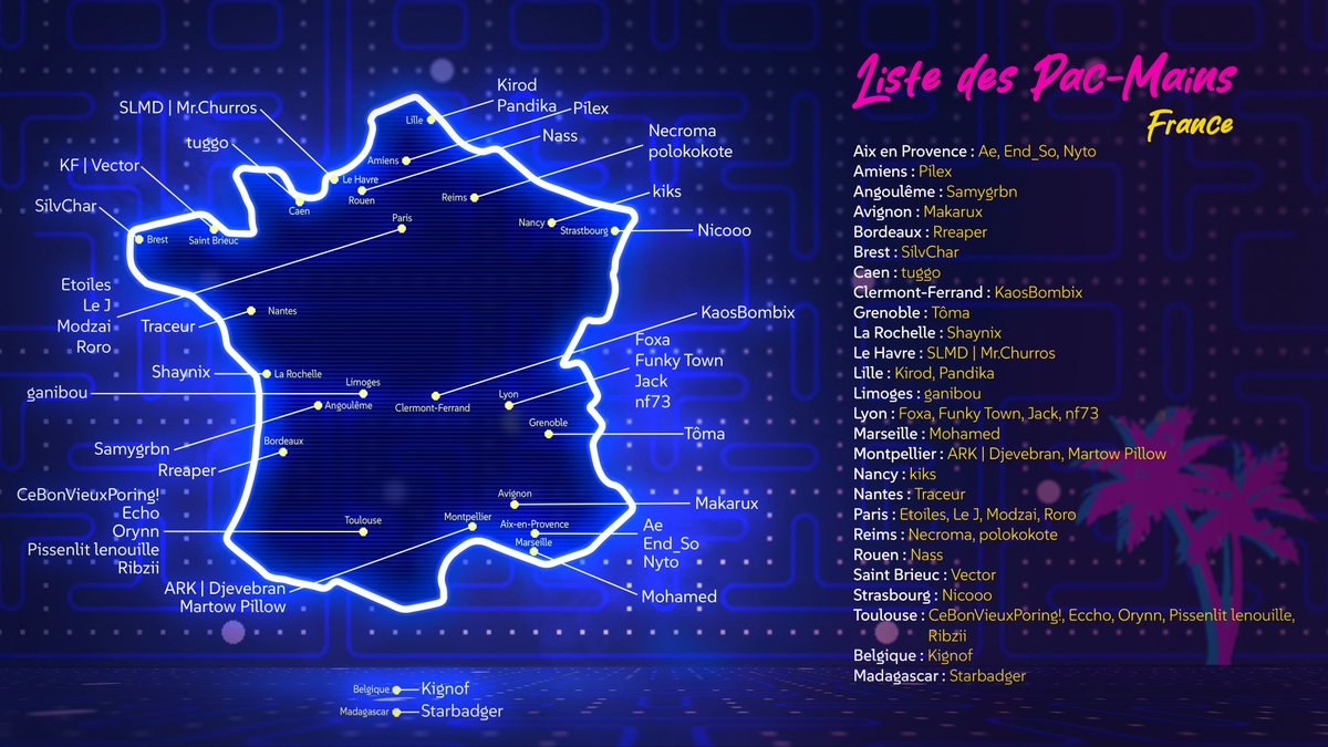 Yooo!
Certains le savent peut être mais je suis admin sur le pac-cord FR
Grâce au travail EXCEPTIONNEL de Funky Town, nous avons pu faire une carte des Pac-Mans en France

Si VOUS jouez pac-man et que vous n'êtes pas dans le serveur, n'hésitez pas à me MP que je vous file le lien