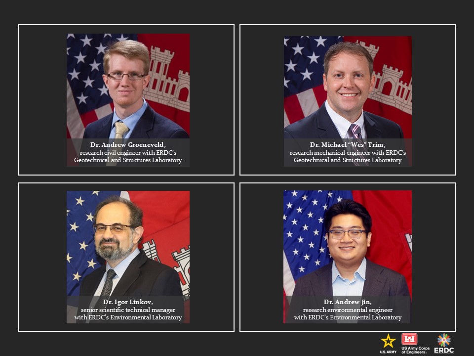 U.S. Army ERDC (@armyerdc) on Twitter photo Four ERDC researchers were awarded the 2024 <a href="/DeptofDefense/">Department of Defense 🇺🇸</a> SMART Scholar & Mentor of the Year Awards: scholar Dr. Andrew Groeneveld and mentor Dr. Michael “Wes” Trim, both with ERDC-GSL, and scholar Dr. Andrew Jin and mentor Dr. Igor Linkov, both with ERDC-EL. Four ERDC researchers were awarded the 2024 <a href="/DeptofDefense/">Department of Defense 🇺🇸</a> SMART Scholar & Mentor of the Year Awards: scholar Dr. Andrew Groeneveld and mentor Dr. Michael “Wes” Trim, both with ERDC-GSL, and scholar Dr. Andrew Jin and mentor Dr. Igor Linkov, both with ERDC-EL.