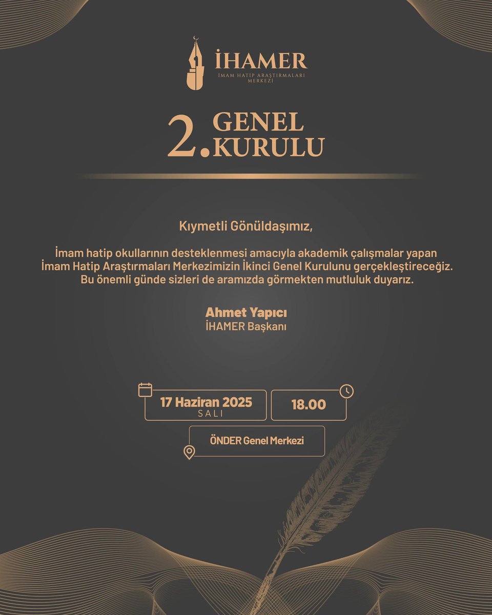 İmam hatip okullarının desteklenmesi amacıyla akademik çalışmalar yapan İmam Hatip Araştırmaları Merkezimizin İkinci Genel Kurulunu gerçekleştireceğiz. 

Bu önemli günde sizleri de aramızda görmekten mutluluk duyarız.