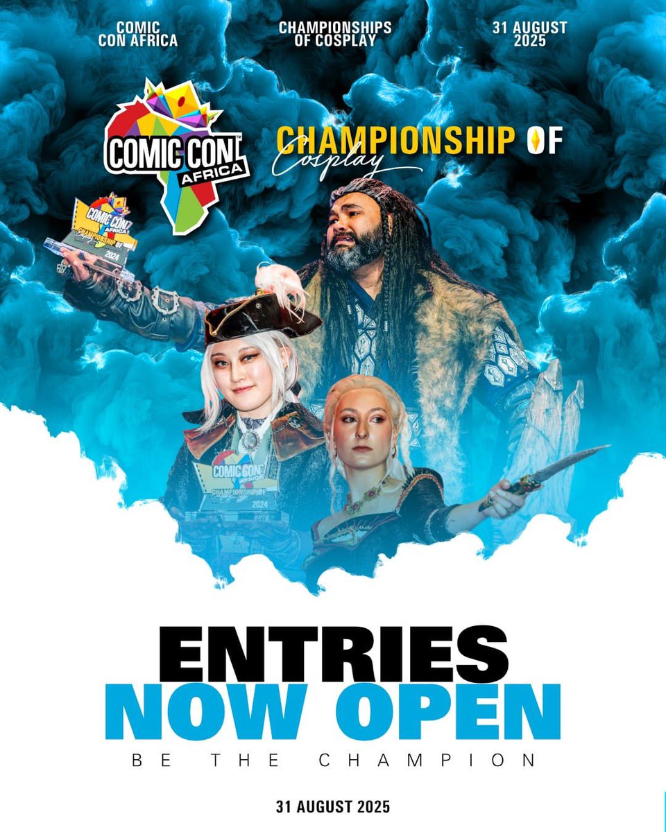 👑 Think you’ve got what it takes to be the champ?
Entries for the #ComicConAfrica 2025 Championship of Cosplay are NOW OPEN!
🎭 Finals: 31 August
📍 Hall 6, NASREC
🔗 Apply here: wkf.ms/3Ztga9M
#CosplayZA #BeTheChampion #ChampionshipOfCosplay